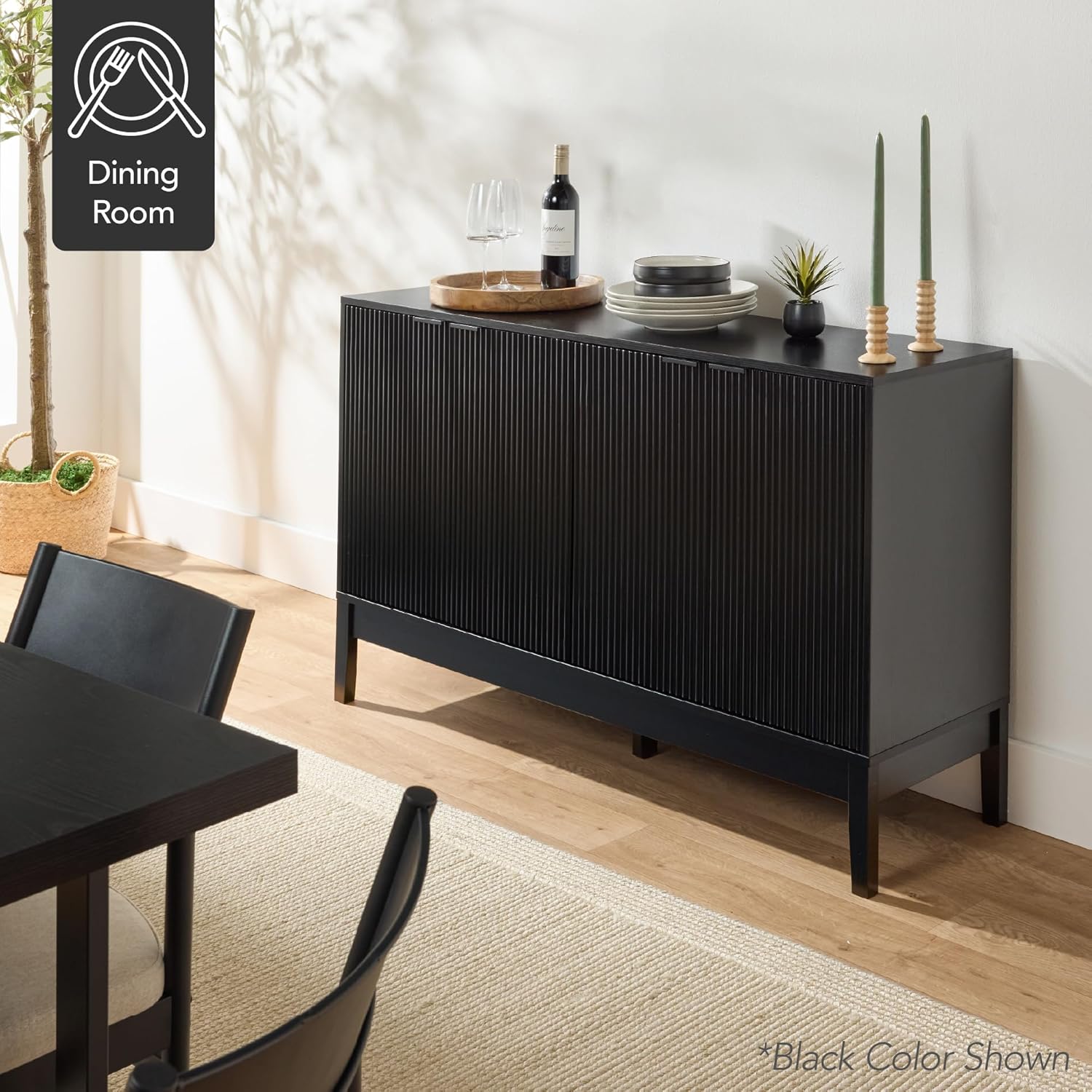 Arteva Living:  4-Door Large Reeded Storage Cabinet, Buffet Sideboard, Media Cabinet, Cupboard, Accent Console Table w/Adjustable Shelves – Natural