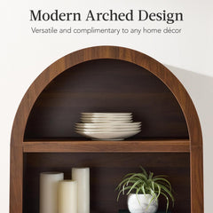 Arteva Living:  72in Tall Arched Pantry Cabinet w/Doors, 5-Tier Bookshelf, Armoire, Hutch, Bookcase, Storage Cabinet w/Adjustable Shelves - Black Oak