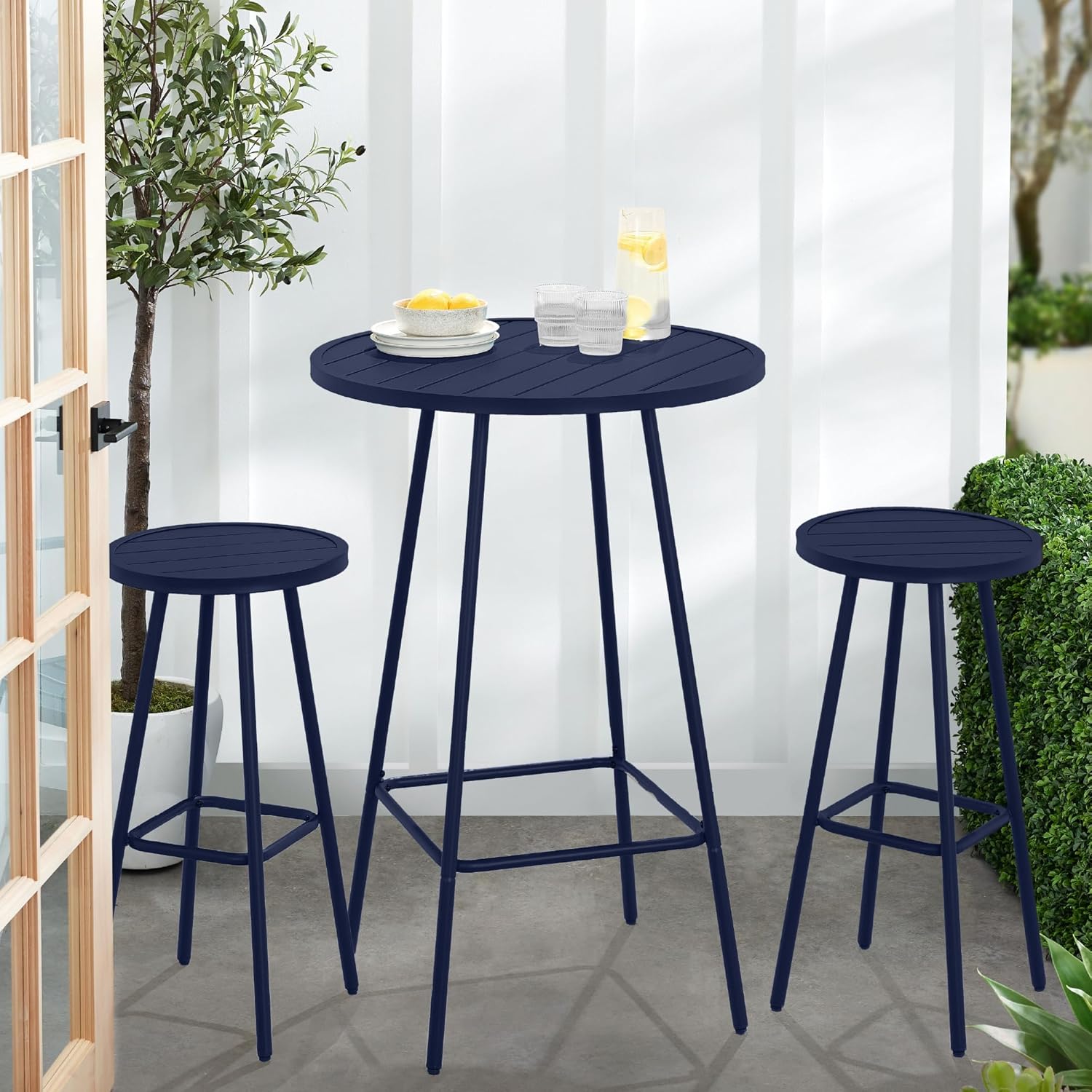 Arteva Living:  3-Piece Patio Dining Set, Bar Height, Outdoor Bistro Set, Outdoor Round Bar Table w/ 2 Bar Stools, Steel - Peacock Blue