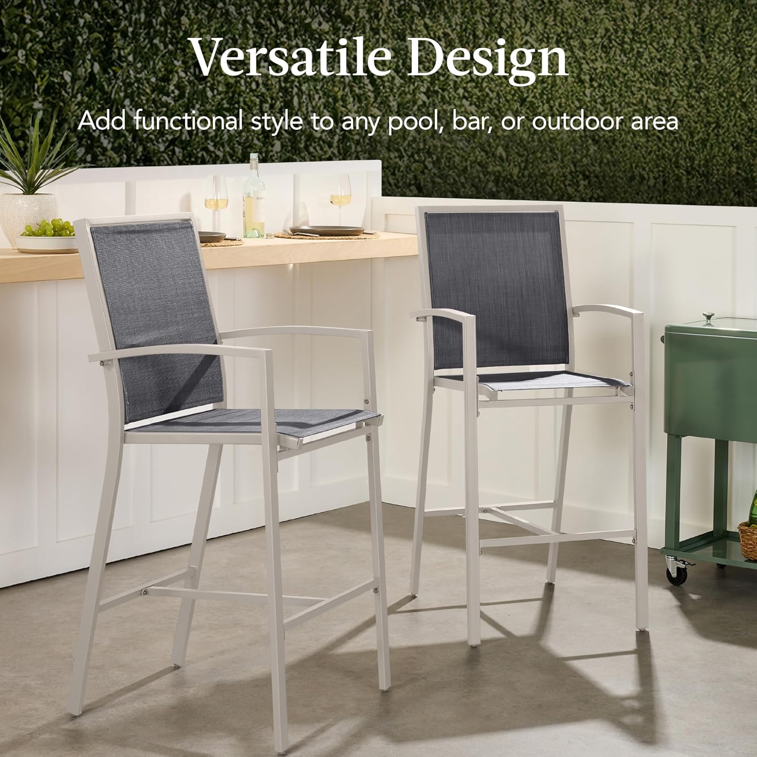 Arteva Living:  Outdoor Bar Stools Set of 2, Bar Height, Patio Furniture, All Weather Mesh Design w/Armrest - Black/Navy