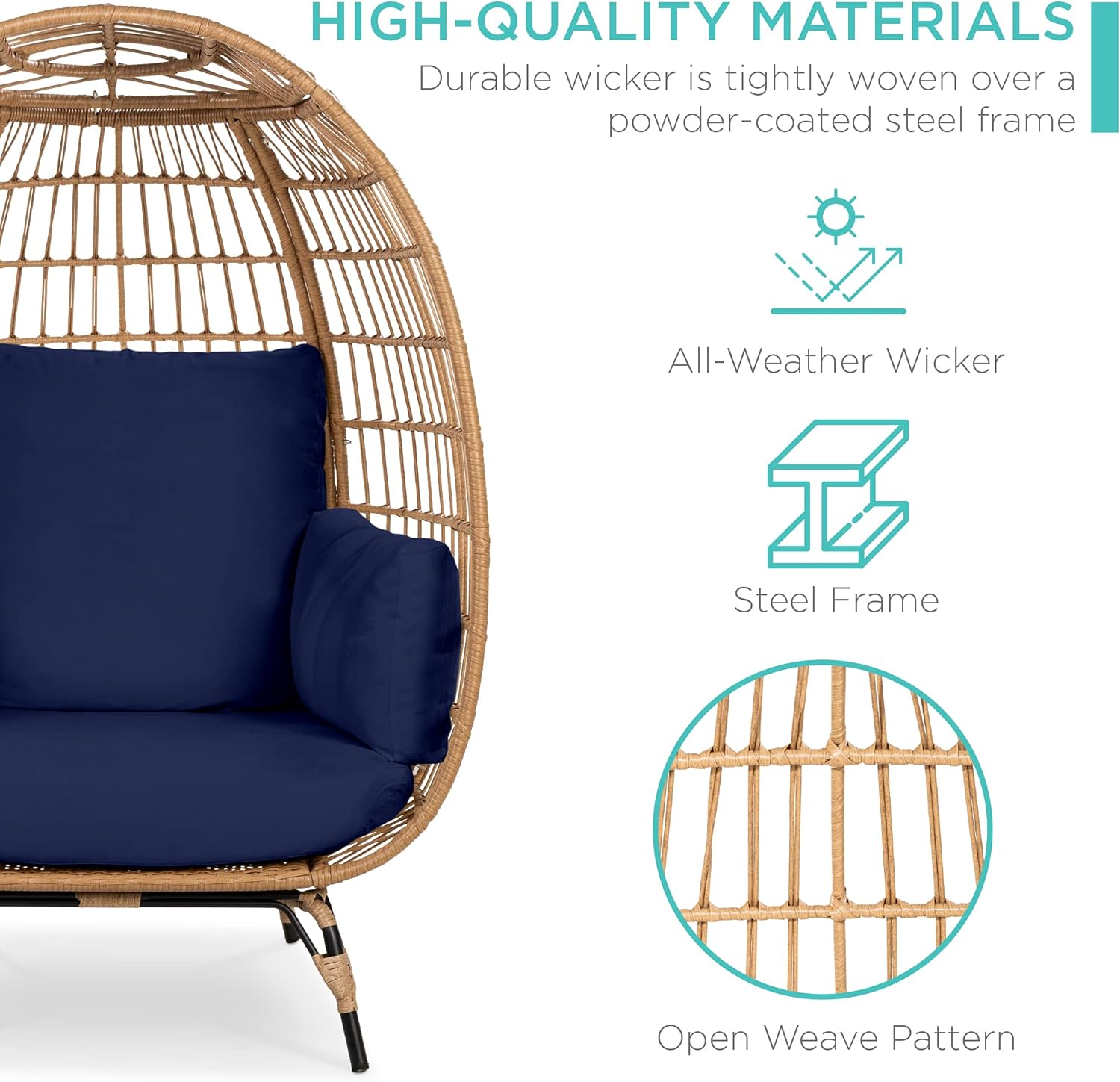 Arteva Living:  Wicker Egg Chair, Oversized Indoor Outdoor Lounger for Patio, Backyard, Living Room w/ 4 Cushions, Steel Frame, 440lb Capacity - Sage