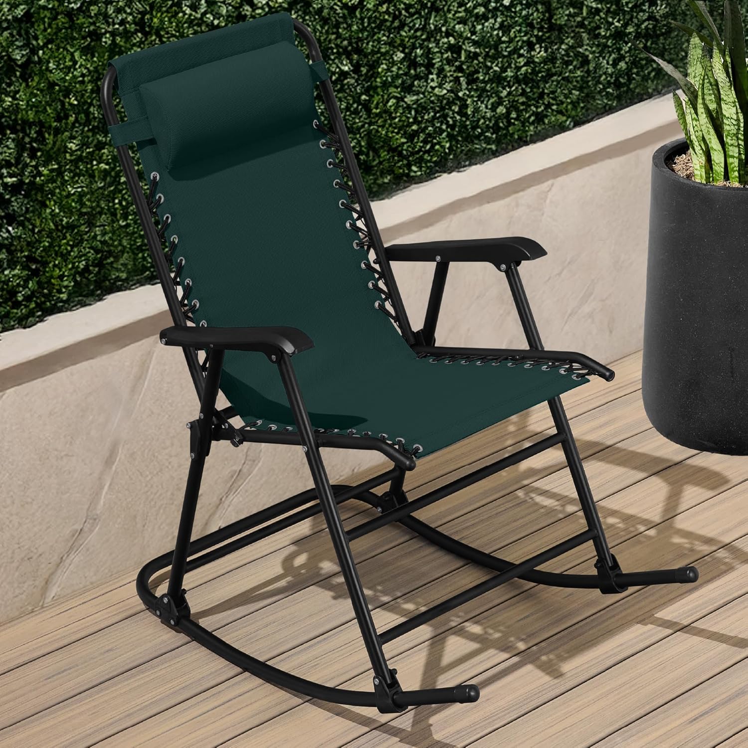 Arteva Living:  Outdoor Folding Rocking Chair, Zero Gravity Lounge Chair, Patio Rocker w/Headrest Pillow - Peacock Blue