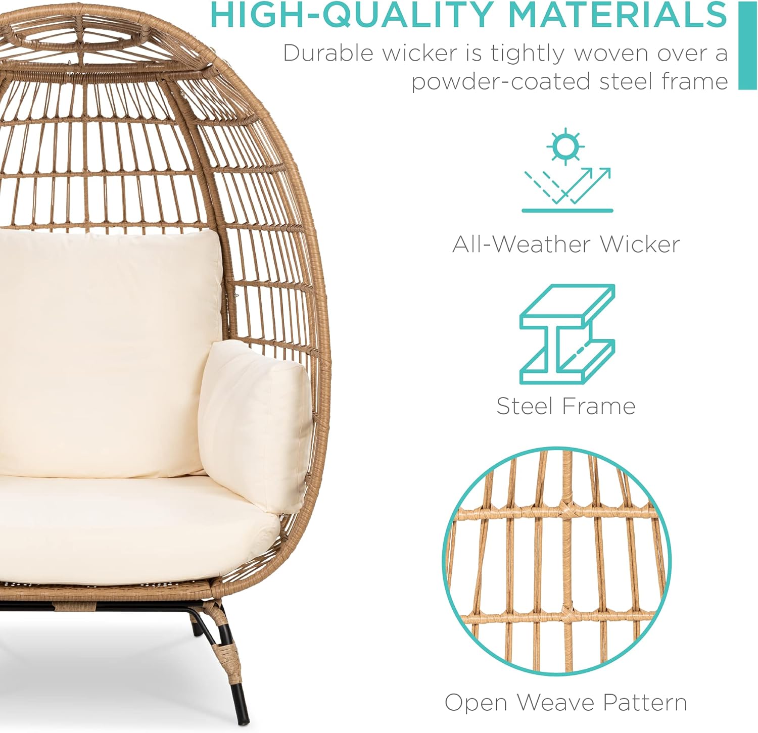 Arteva Living:  Wicker Egg Chair, Oversized Indoor Outdoor Lounger for Patio, Backyard, Living Room w/ 4 Cushions, Steel Frame, 440lb Capacity - Sage
