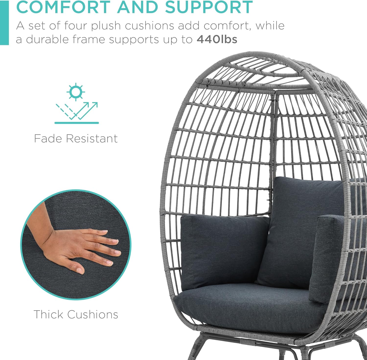 Arteva Living:  Wicker Egg Chair, Oversized Indoor Outdoor Lounger for Patio, Backyard, Living Room w/ 4 Cushions, Steel Frame, 440lb Capacity - Sage