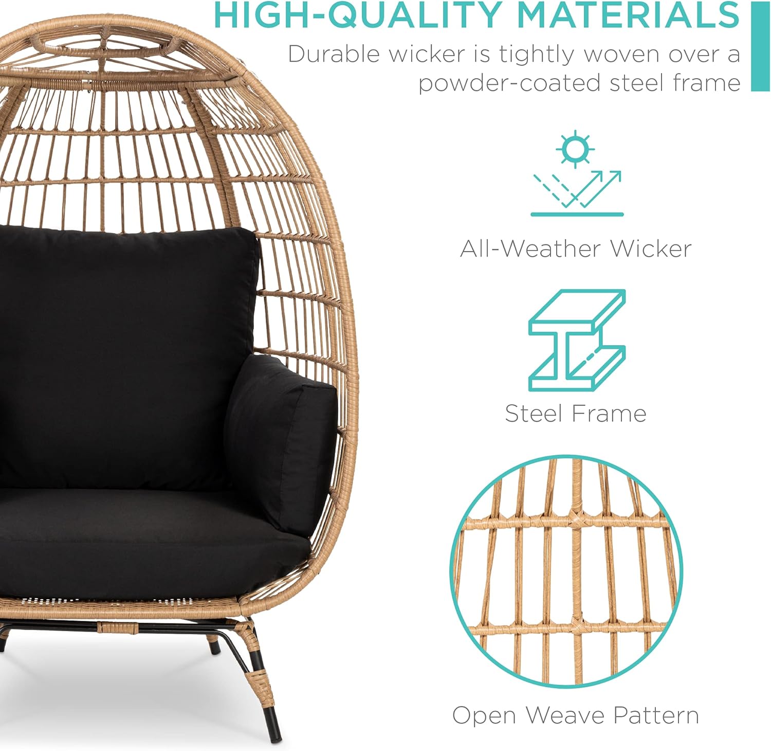 Arteva Living:  Wicker Egg Chair, Oversized Indoor Outdoor Lounger for Patio, Backyard, Living Room w/ 4 Cushions, Steel Frame, 440lb Capacity - Sage