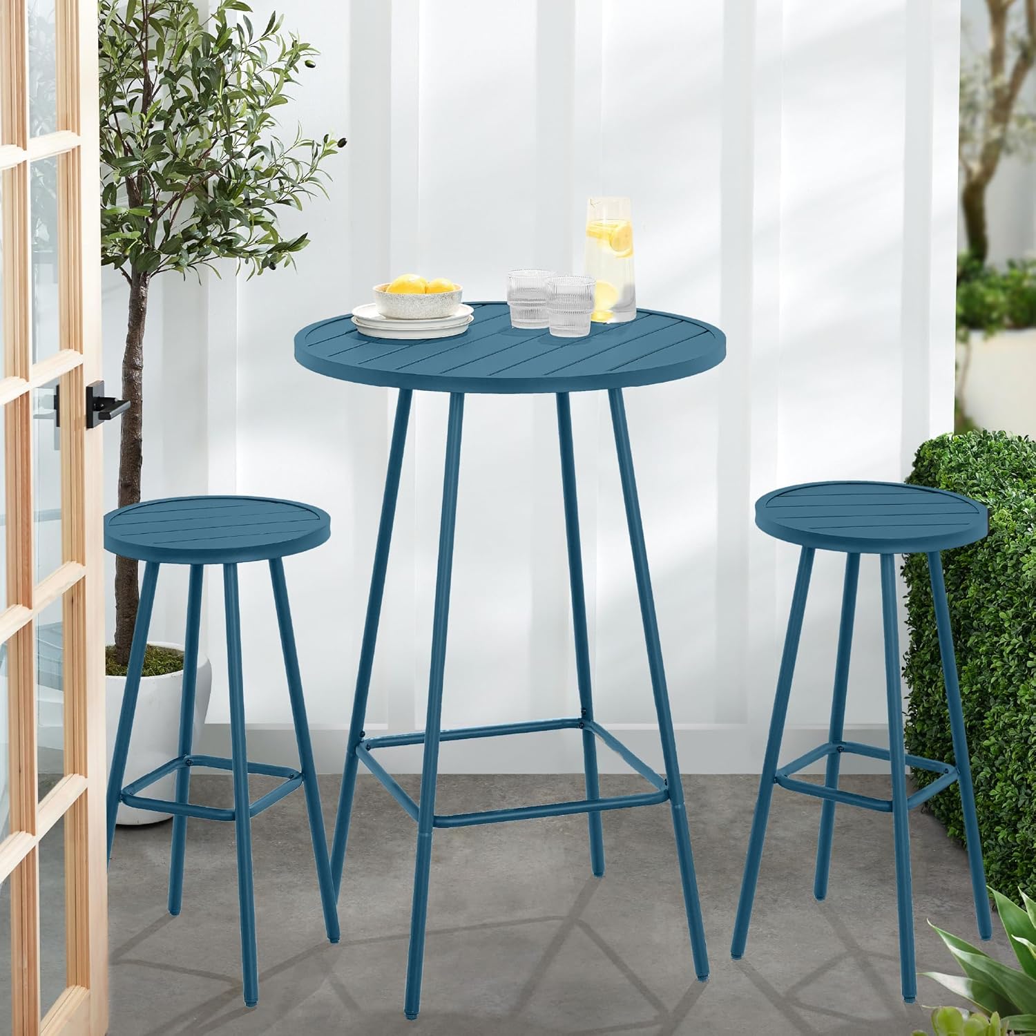 Arteva Living:  3-Piece Patio Dining Set, Bar Height, Outdoor Bistro Set, Outdoor Round Bar Table w/ 2 Bar Stools, Steel - Peacock Blue