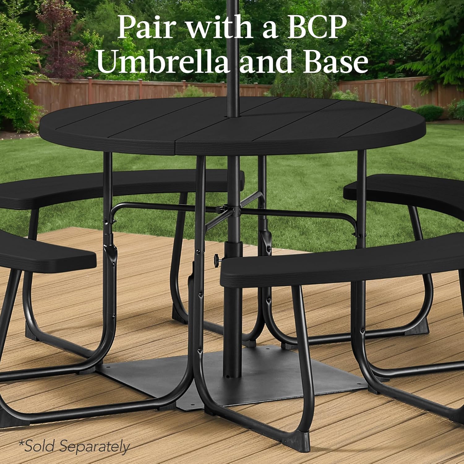 Arteva Living:  8-Person Outdoor Bench Patio Picnic Table, Circular w/ 4 Built-in Benches and Umbrella Hole, 2000lb Capacity - Green