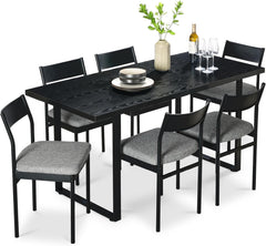 Arteva Living:  7-Piece Modern Dining Room Set, Kitchen Table Set, Dining Table w/ 6 Chairs, Upholstered Cushions, Solid Metal Frame, Curved Backrest - Black/Ivory