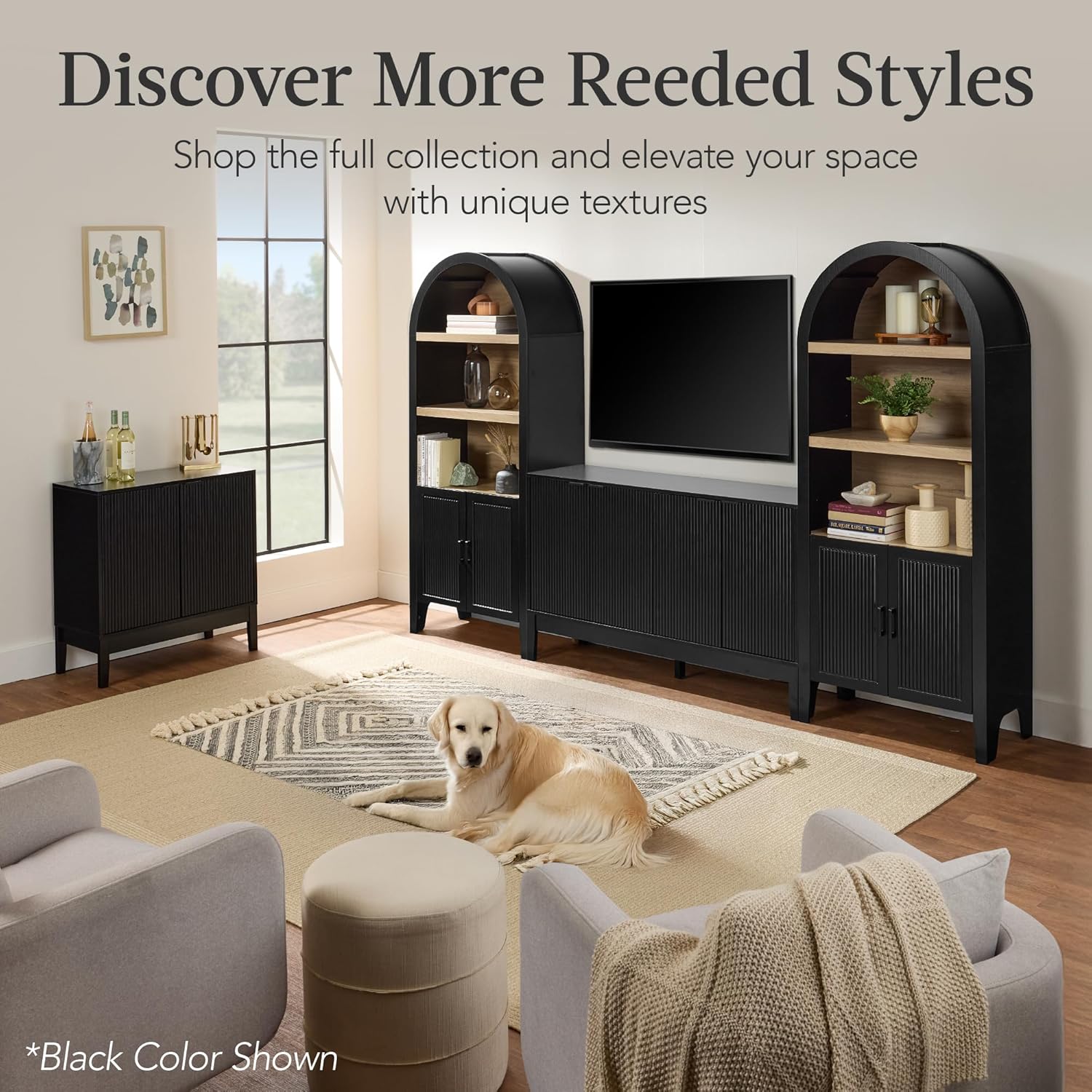 Arteva Living:  4-Door Large Reeded Storage Cabinet, Buffet Sideboard, Media Cabinet, Cupboard, Accent Console Table w/Adjustable Shelves – Natural