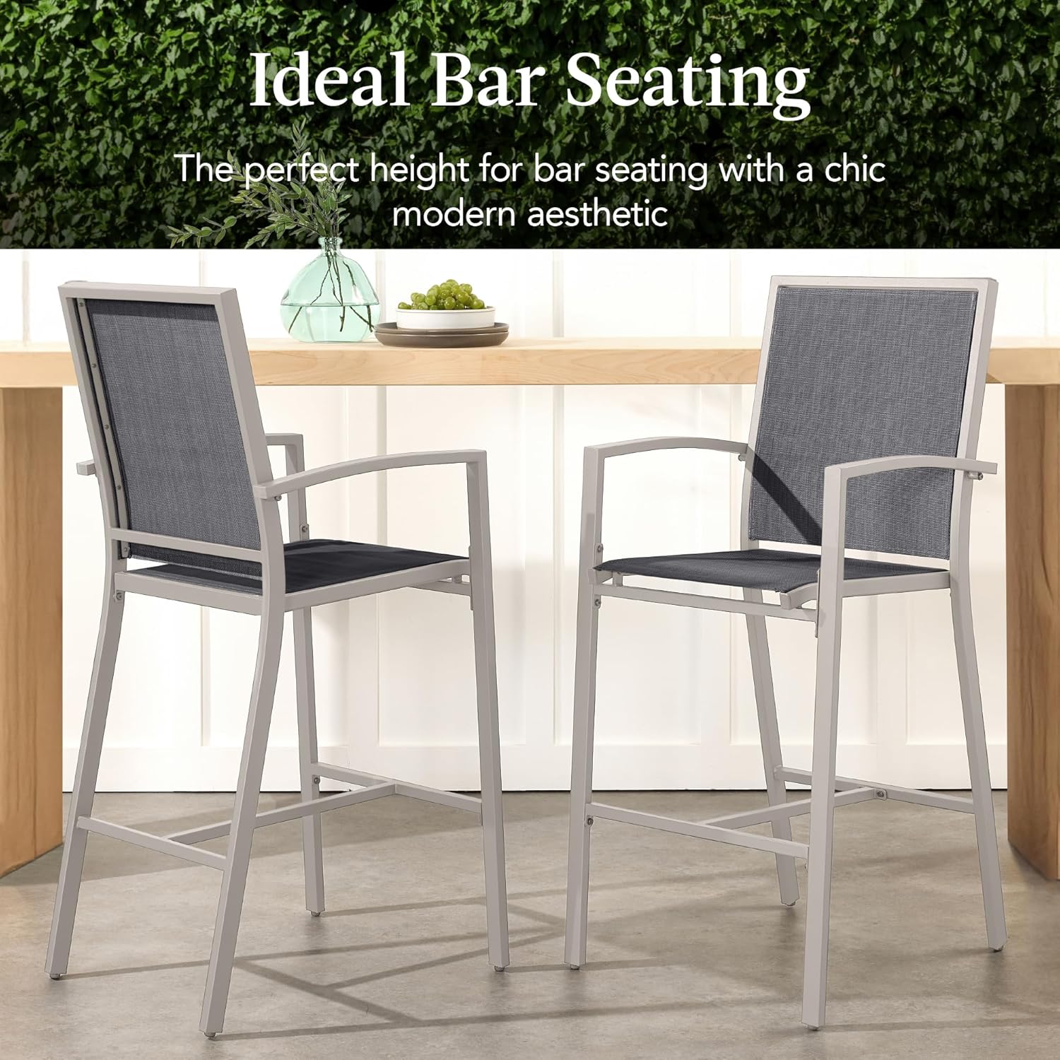 Arteva Living:  Outdoor Bar Stools Set of 2, Bar Height, Patio Furniture, All Weather Mesh Design w/Armrest - Black/Navy