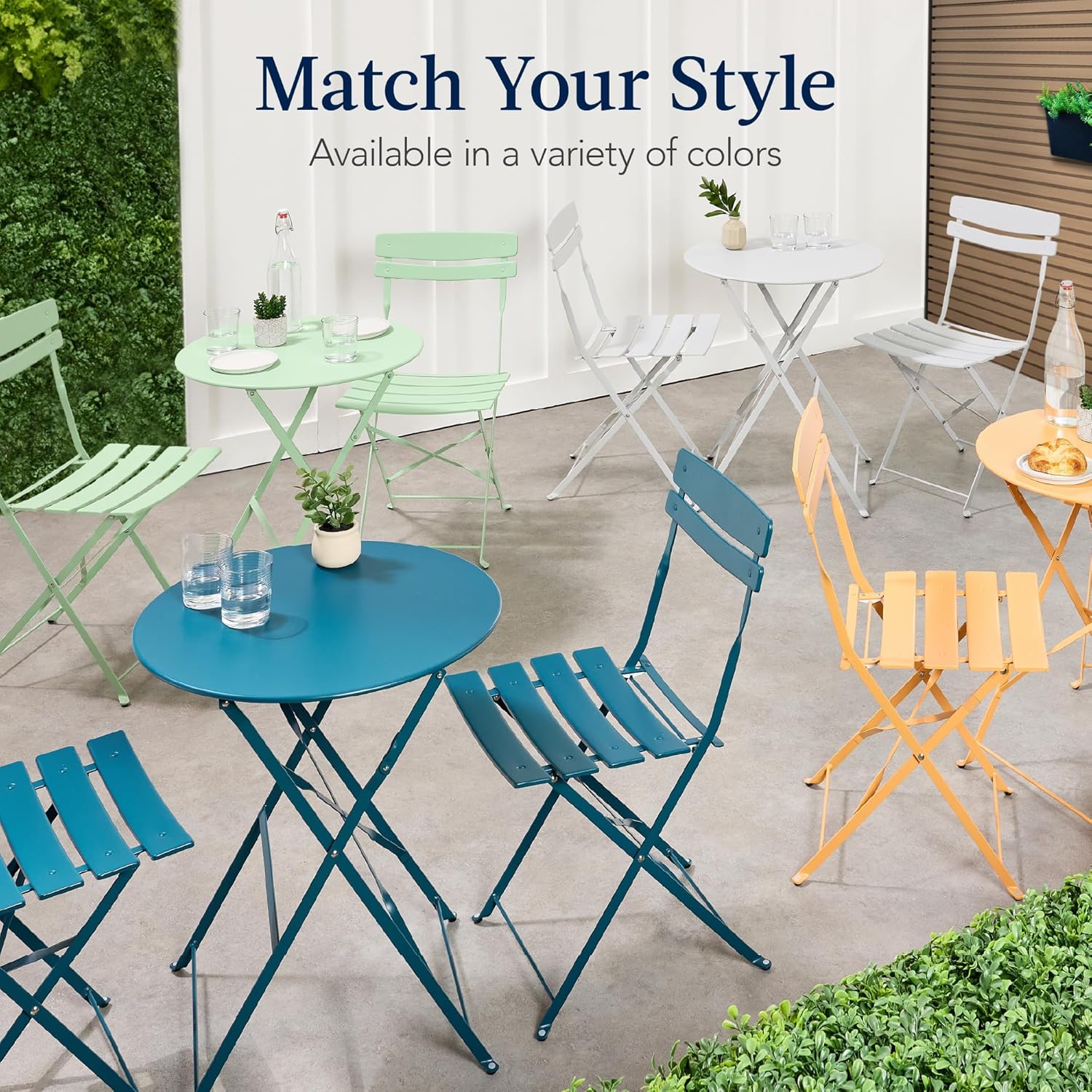 Arteva Living:  3-Piece Bistro Set, Space Saving Folding Design, Solid Steel, Outdoor Patio Furniture Set w/ 2 Chairs, Bistro Table - Sage