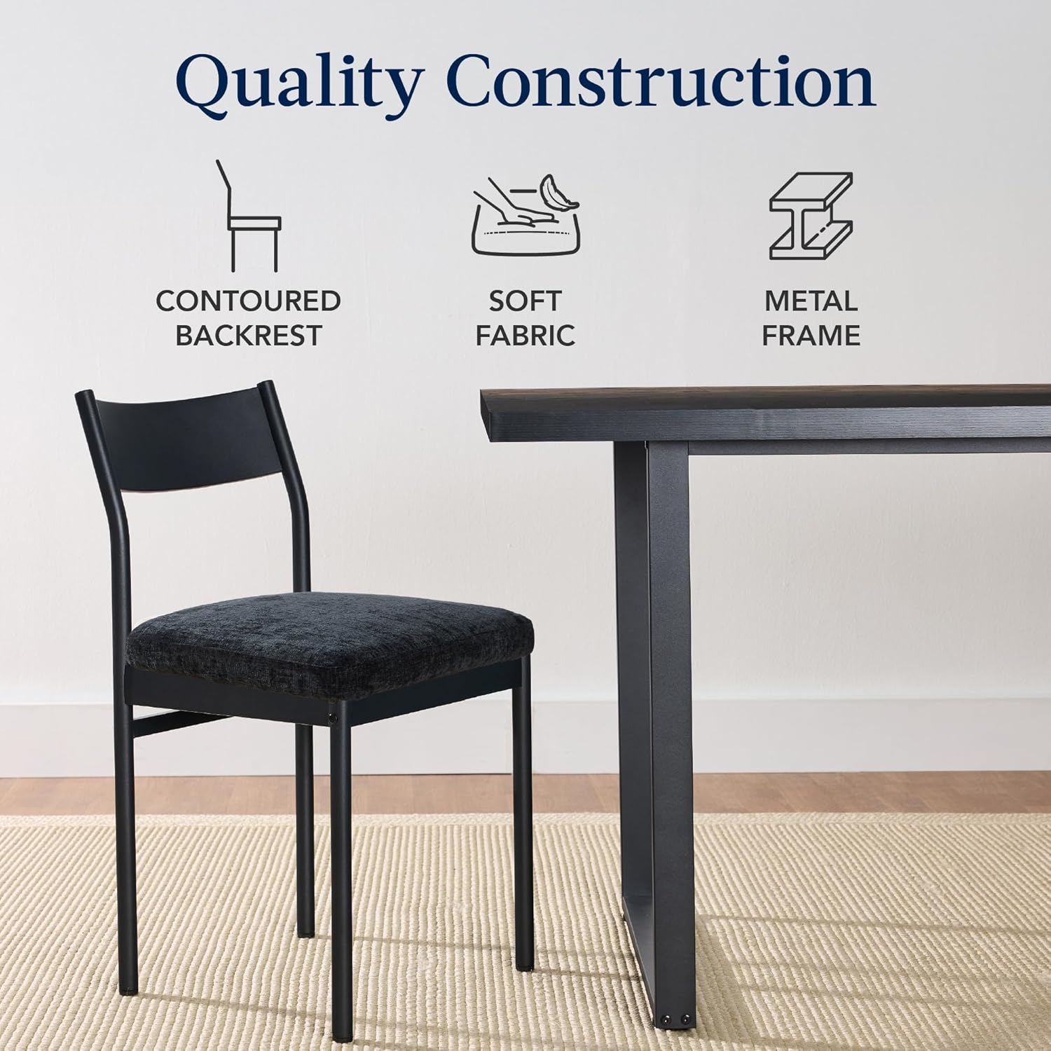 Arteva Living:  7-Piece Modern Dining Room Set, Kitchen Table Set, Dining Table w/ 6 Chairs, Upholstered Cushions, Solid Metal Frame, Curved Backrest - Black/Ivory