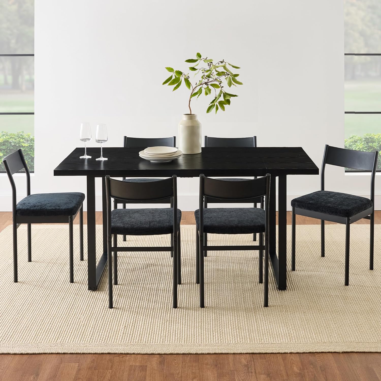 Arteva Living:  7-Piece Modern Dining Room Set, Kitchen Table Set, Dining Table w/ 6 Chairs, Upholstered Cushions, Solid Metal Frame, Curved Backrest - Black/Ivory
