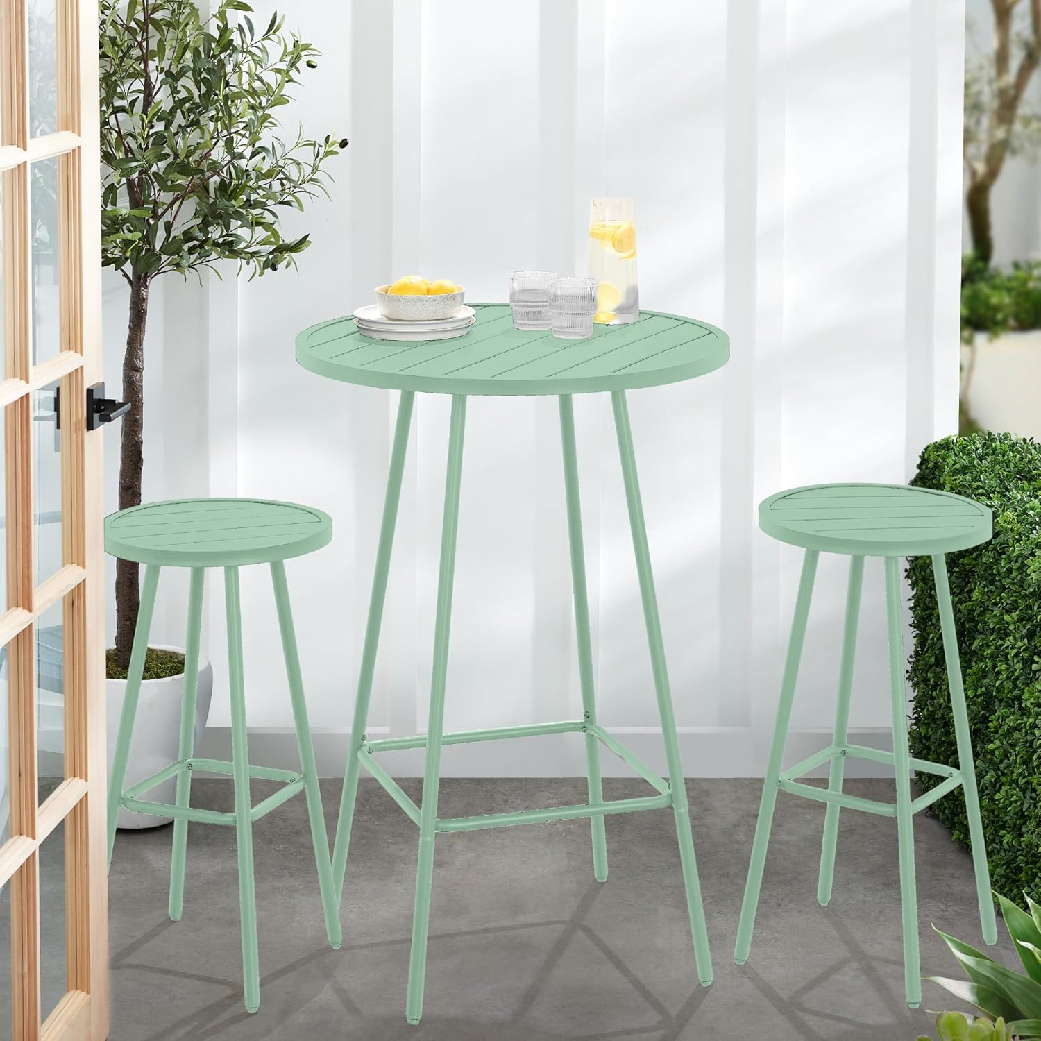 Arteva Living:  3-Piece Patio Dining Set, Bar Height, Outdoor Bistro Set, Outdoor Round Bar Table w/ 2 Bar Stools, Steel - Peacock Blue