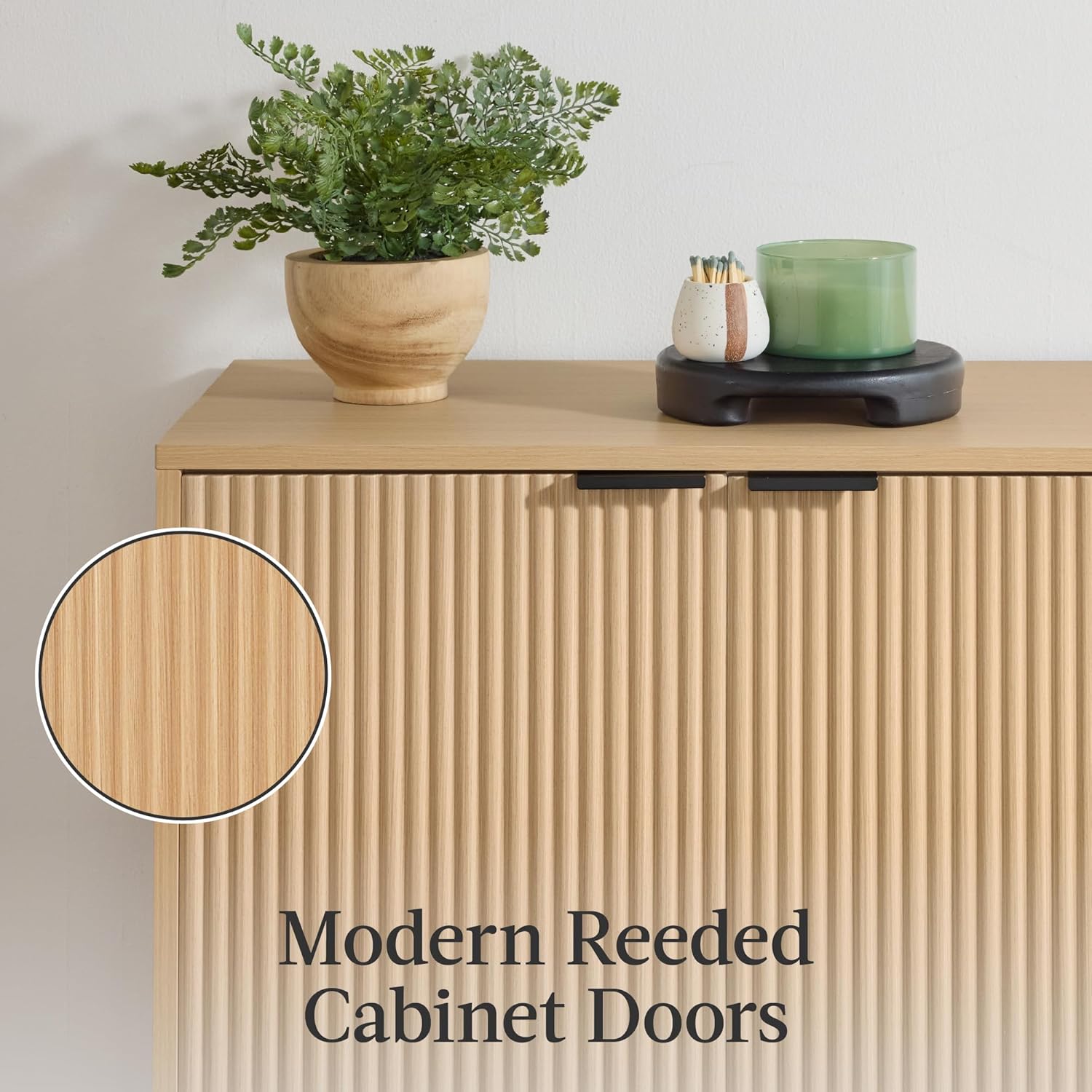 Arteva Living:  4-Door Large Reeded Storage Cabinet, Buffet Sideboard, Media Cabinet, Cupboard, Accent Console Table w/Adjustable Shelves – Natural