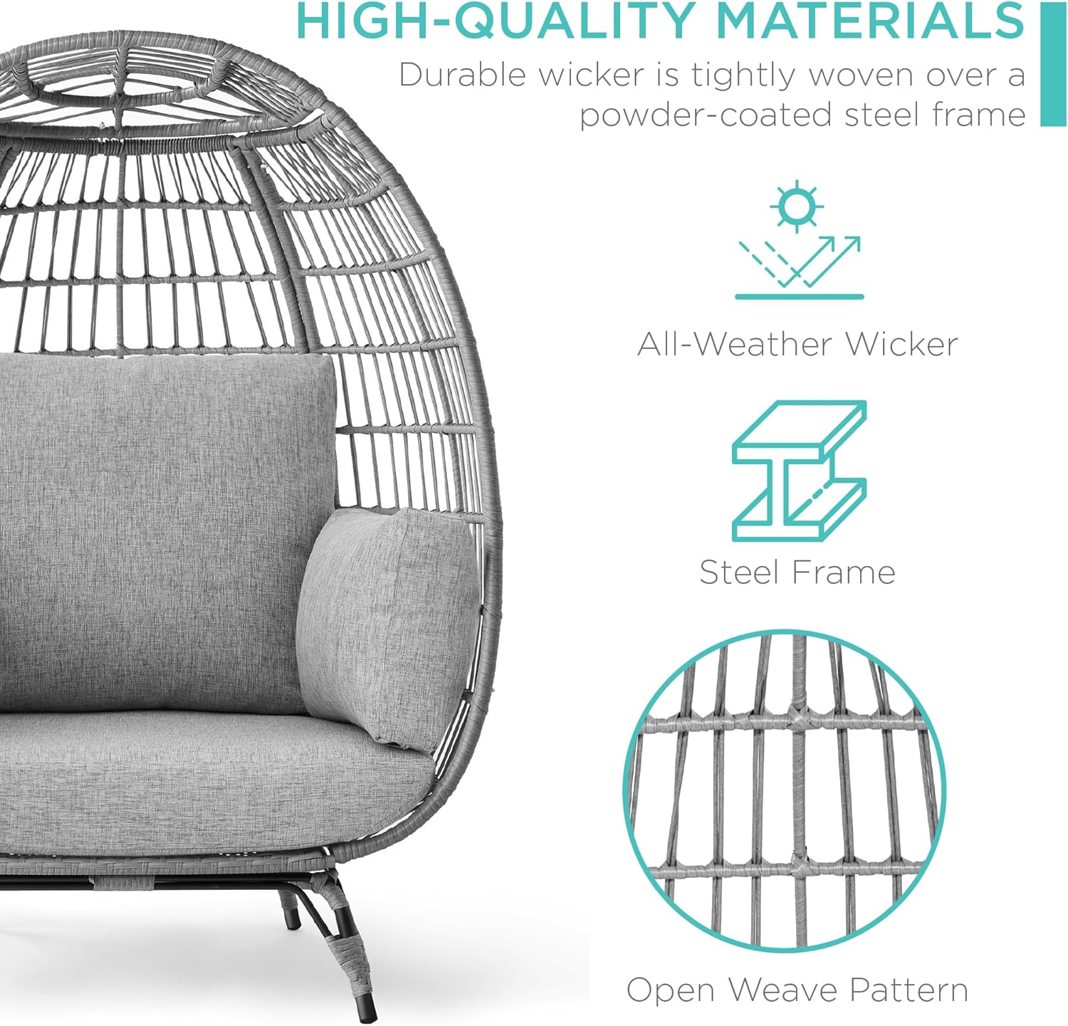 Arteva Living:  Wicker Egg Chair, Oversized Indoor Outdoor Lounger for Patio, Backyard, Living Room w/ 4 Cushions, Steel Frame, 440lb Capacity - Sage