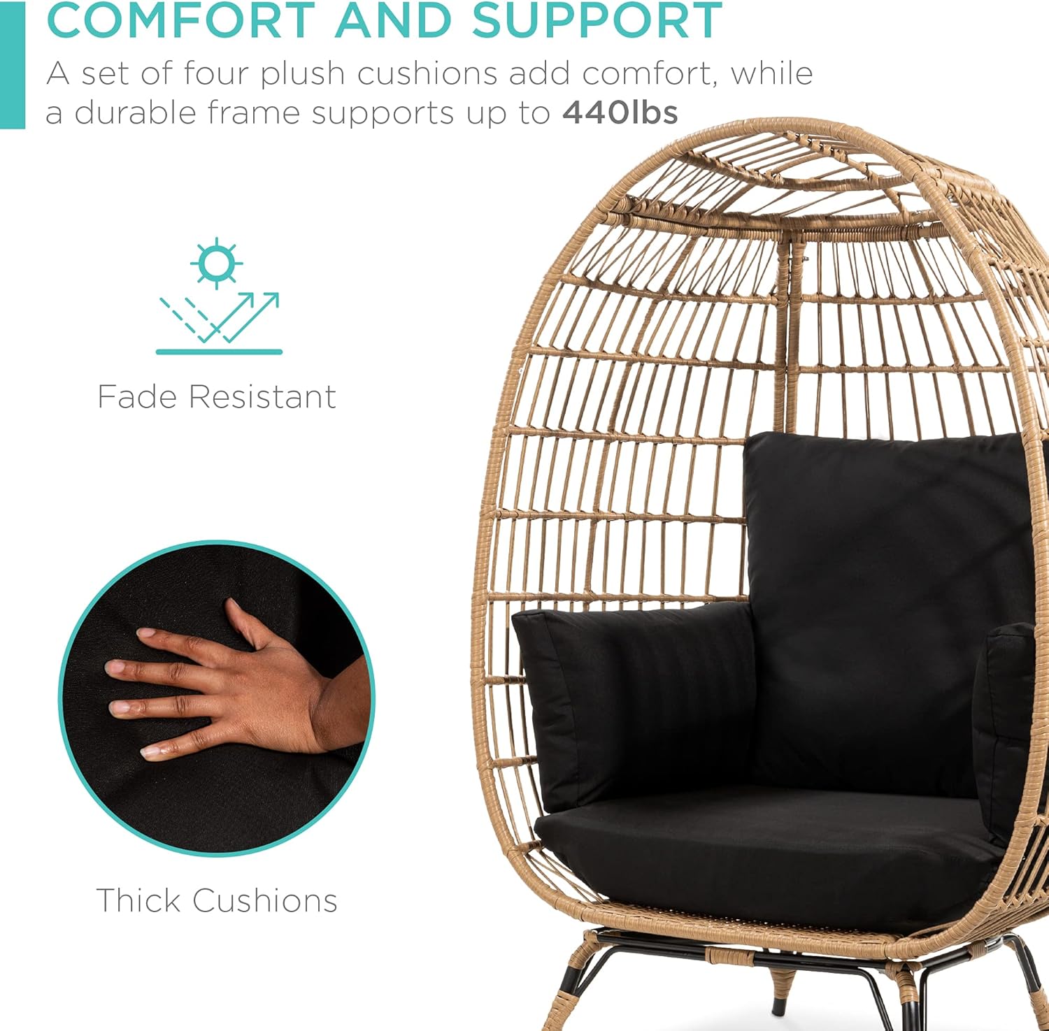 Arteva Living:  Wicker Egg Chair, Oversized Indoor Outdoor Lounger for Patio, Backyard, Living Room w/ 4 Cushions, Steel Frame, 440lb Capacity - Sage