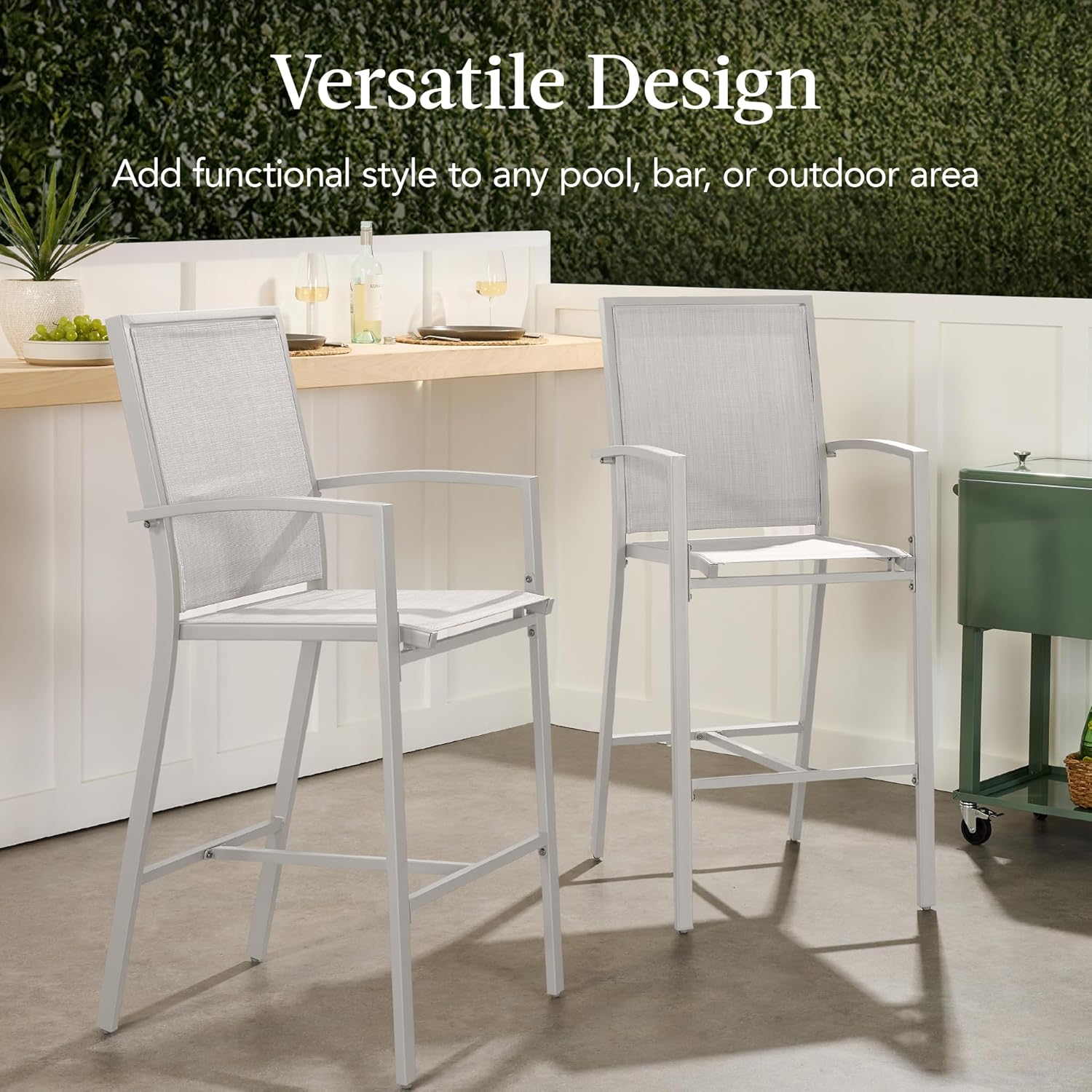 Arteva Living:  Outdoor Bar Stools Set of 2, Bar Height, Patio Furniture, All Weather Mesh Design w/Armrest - Black/Navy