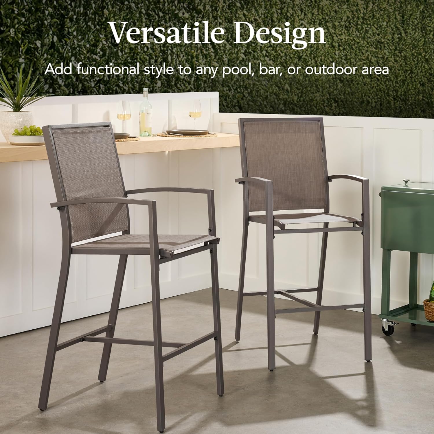 Arteva Living:  Outdoor Bar Stools Set of 2, Bar Height, Patio Furniture, All Weather Mesh Design w/Armrest - Black/Navy