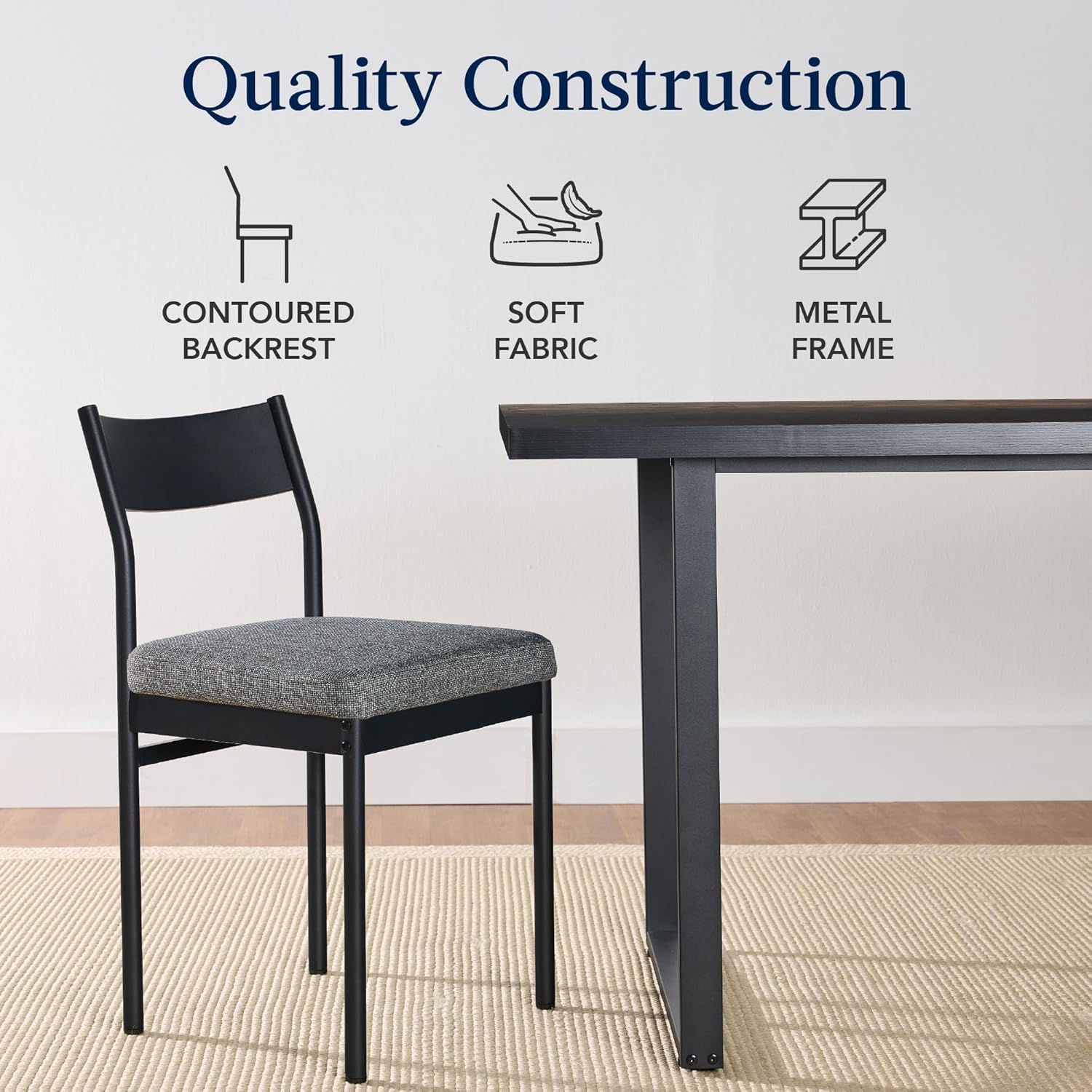 Arteva Living:  7-Piece Modern Dining Room Set, Kitchen Table Set, Dining Table w/ 6 Chairs, Upholstered Cushions, Solid Metal Frame, Curved Backrest - Black/Ivory