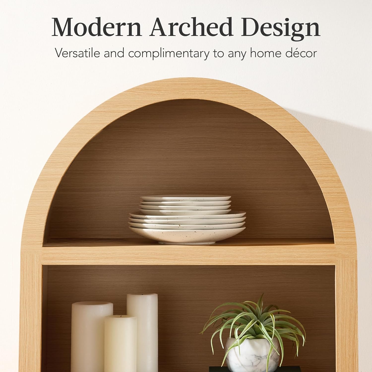 Arteva Living:  72in Tall Arched Pantry Cabinet w/Doors, 5-Tier Bookshelf, Armoire, Hutch, Bookcase, Storage Cabinet w/Adjustable Shelves - Black Oak