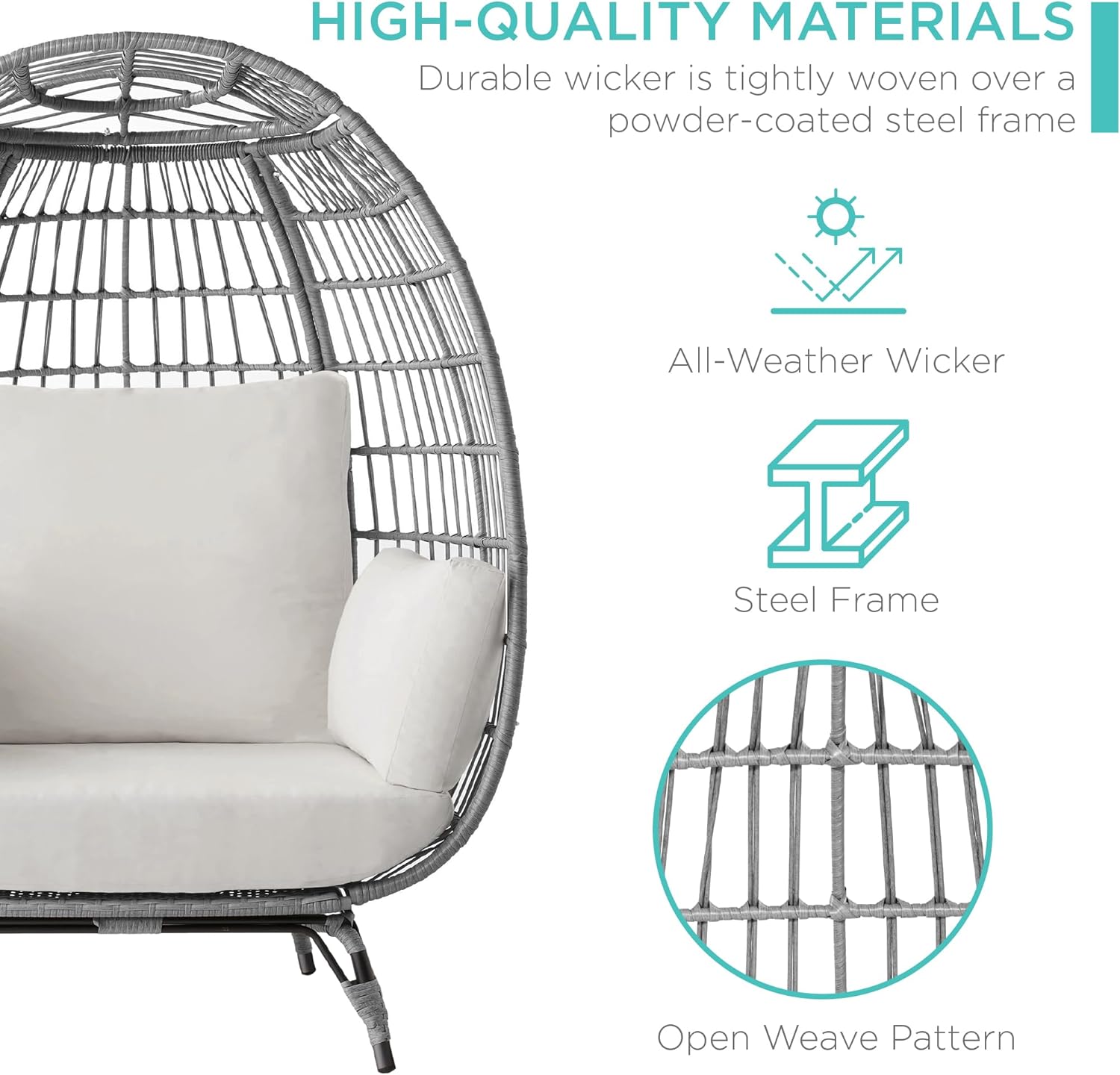 Arteva Living:  Wicker Egg Chair, Oversized Indoor Outdoor Lounger for Patio, Backyard, Living Room w/ 4 Cushions, Steel Frame, 440lb Capacity - Sage