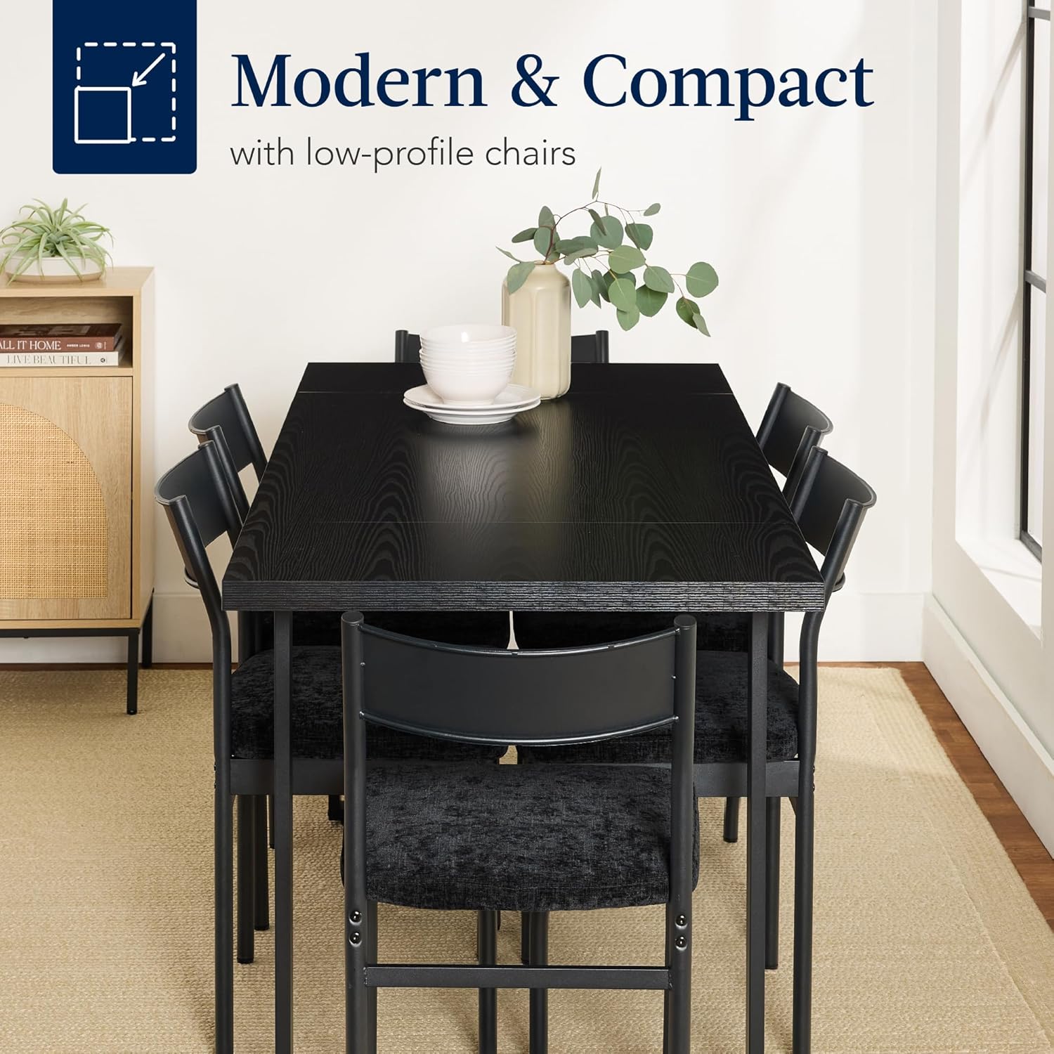 Arteva Living:  7-Piece Modern Dining Room Set, Kitchen Table Set, Dining Table w/ 6 Chairs, Upholstered Cushions, Solid Metal Frame, Curved Backrest - Black/Ivory