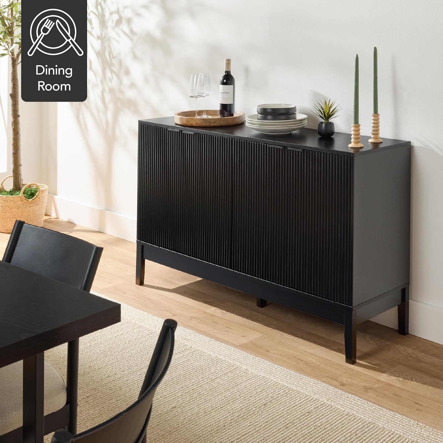 Arteva Living:  4-Door Large Reeded Storage Cabinet, Buffet Sideboard, Media Cabinet, Cupboard, Accent Console Table w/Adjustable Shelves – Natural