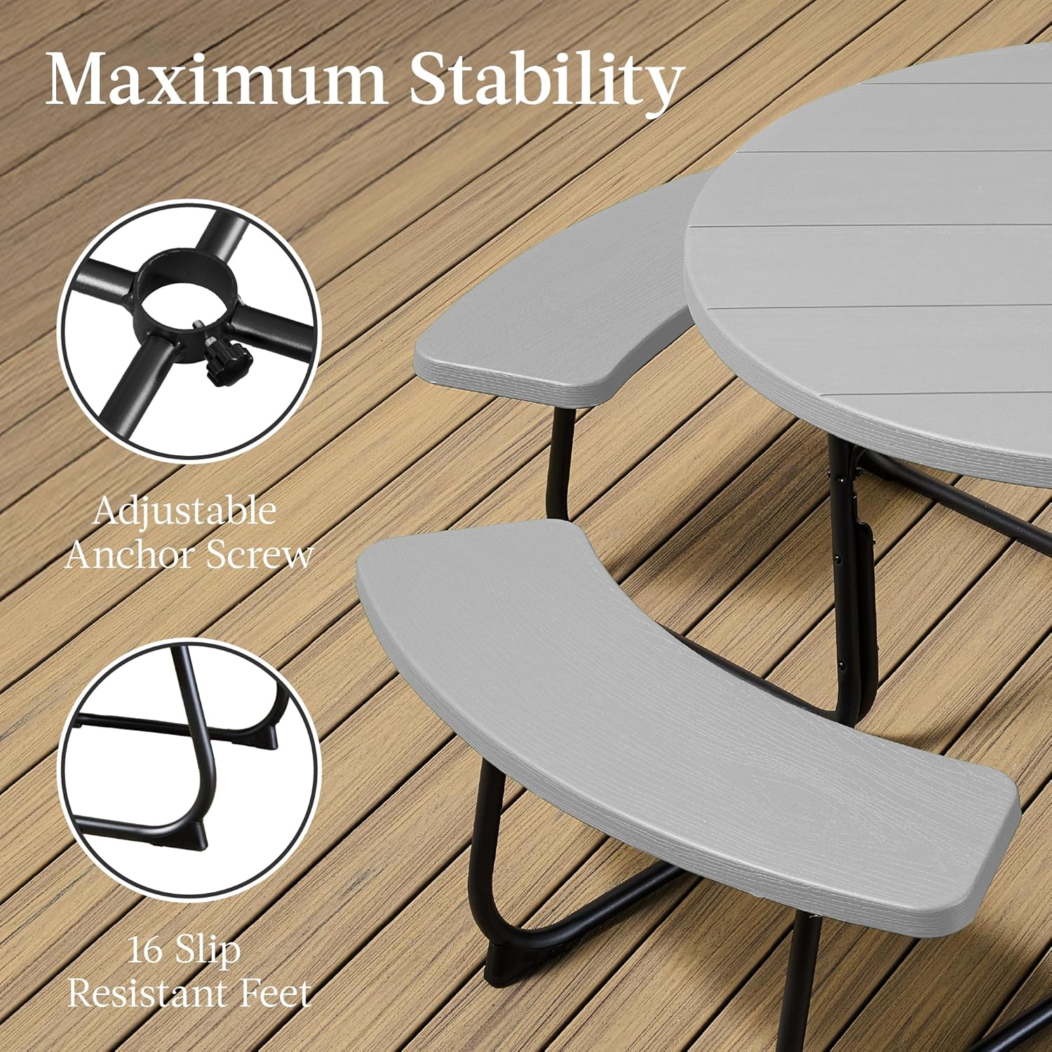 Arteva Living:  8-Person Outdoor Bench Patio Picnic Table, Circular w/ 4 Built-in Benches and Umbrella Hole, 2000lb Capacity - Green