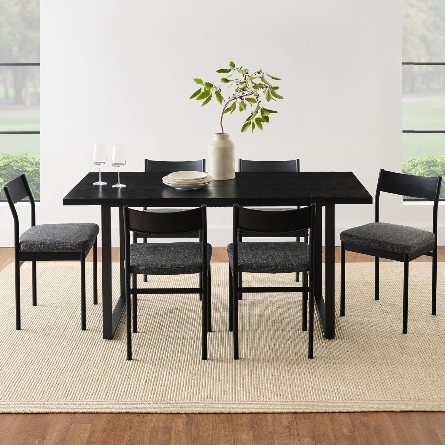 Arteva Living:  7-Piece Modern Dining Room Set, Kitchen Table Set, Dining Table w/ 6 Chairs, Upholstered Cushions, Solid Metal Frame, Curved Backrest - Black/Ivory