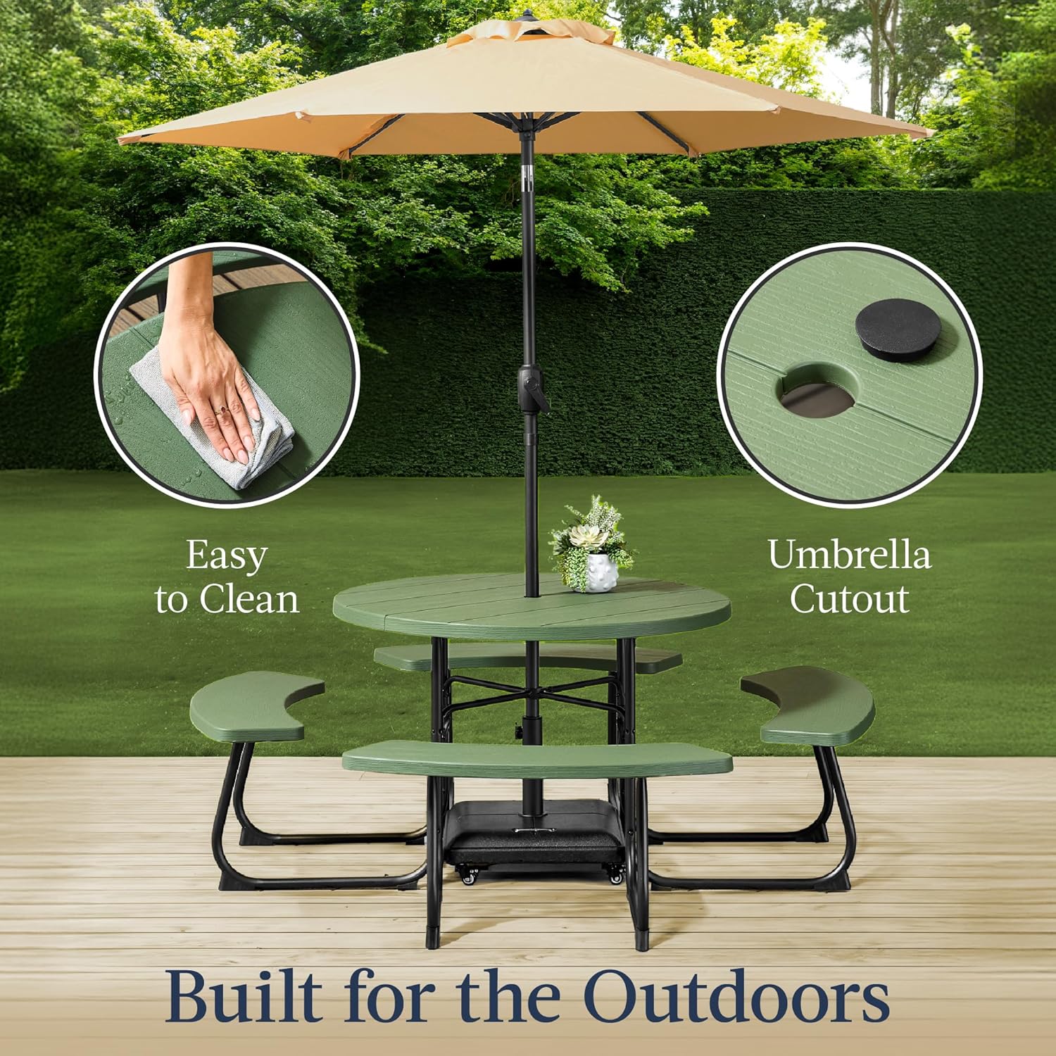 Arteva Living:  8-Person Outdoor Bench Patio Picnic Table, Circular w/ 4 Built-in Benches and Umbrella Hole, 2000lb Capacity - Green