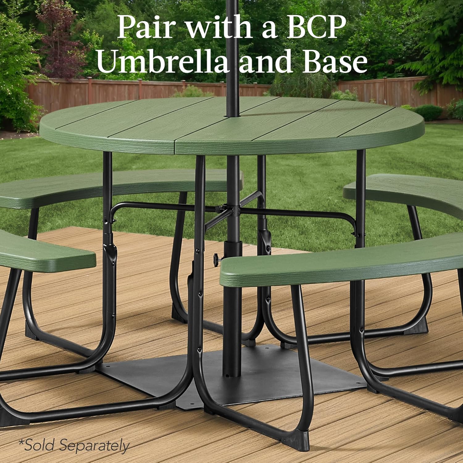 Arteva Living:  8-Person Outdoor Bench Patio Picnic Table, Circular w/ 4 Built-in Benches and Umbrella Hole, 2000lb Capacity - Green