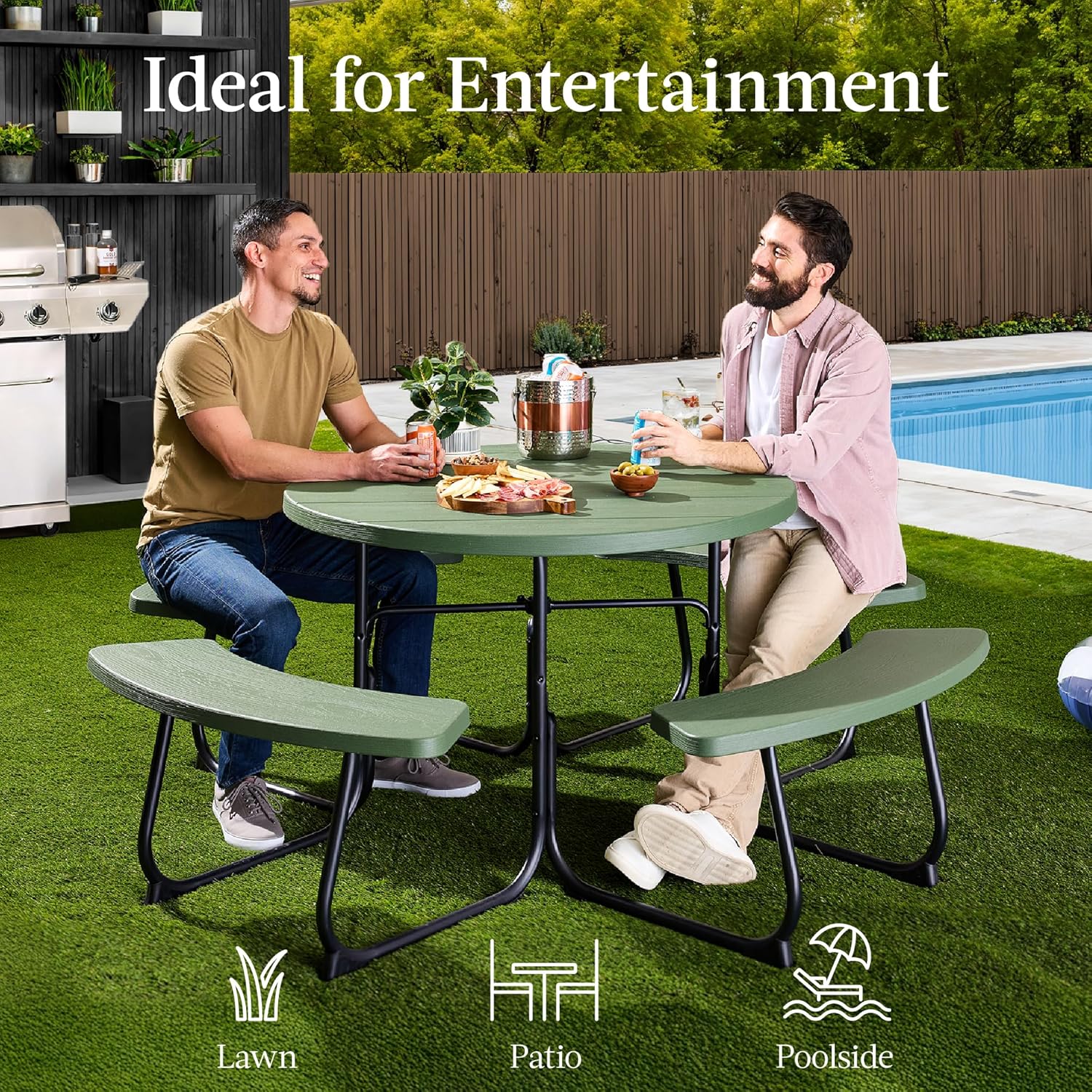 Arteva Living:  8-Person Outdoor Bench Patio Picnic Table, Circular w/ 4 Built-in Benches and Umbrella Hole, 2000lb Capacity - Green
