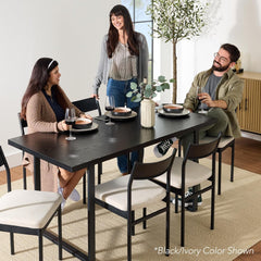 Arteva Living:  7-Piece Modern Dining Room Set, Kitchen Table Set, Dining Table w/ 6 Chairs, Upholstered Cushions, Solid Metal Frame, Curved Backrest - Black/Ivory
