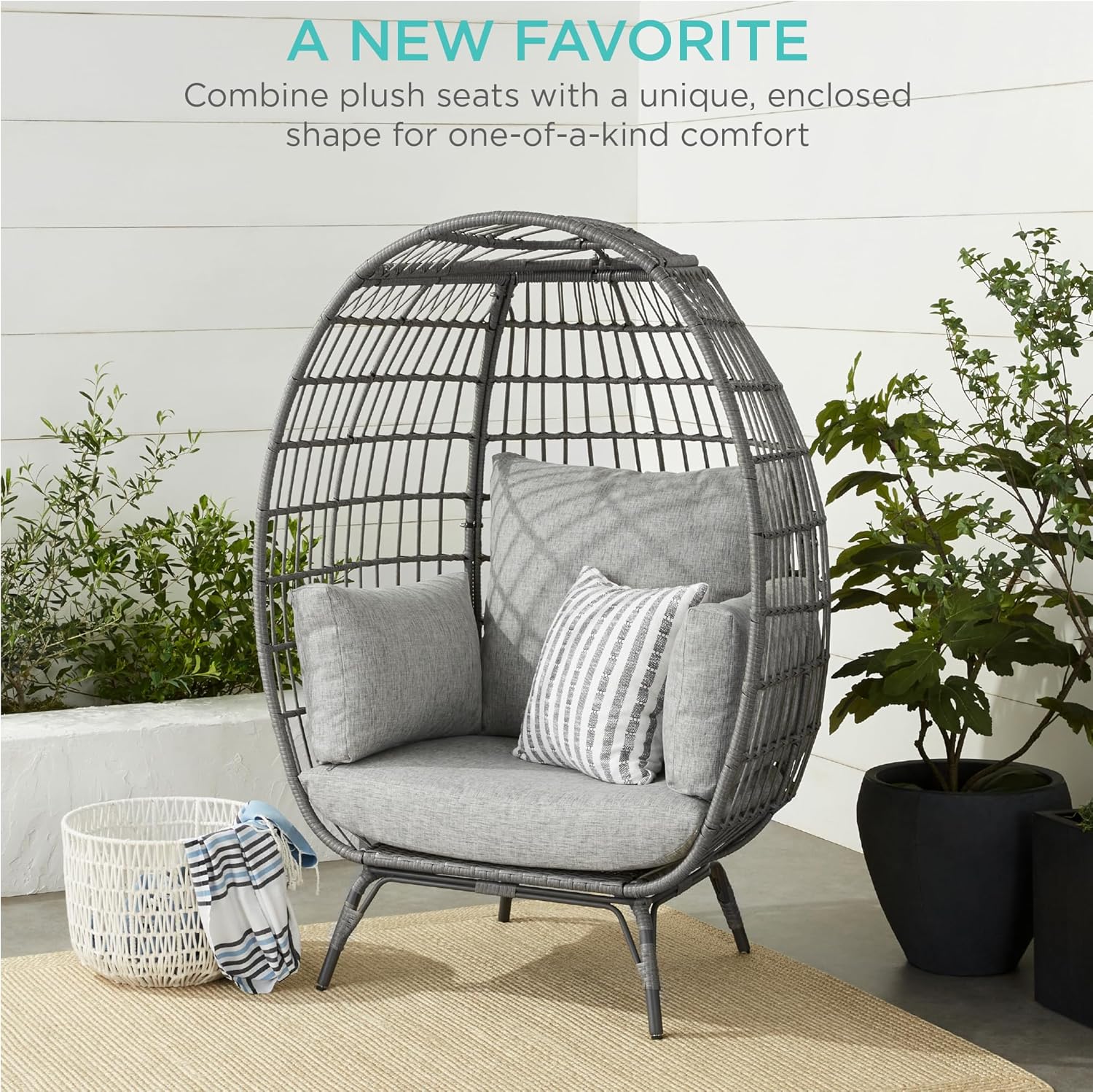 Arteva Living:  Wicker Egg Chair, Oversized Indoor Outdoor Lounger for Patio, Backyard, Living Room w/ 4 Cushions, Steel Frame, 440lb Capacity - Sage