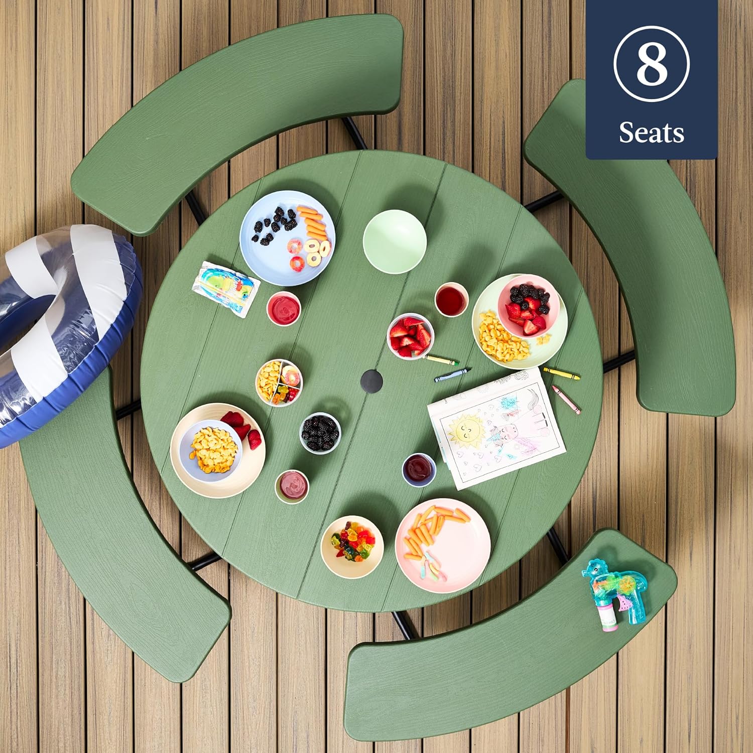 Arteva Living:  8-Person Outdoor Bench Patio Picnic Table, Circular w/ 4 Built-in Benches and Umbrella Hole, 2000lb Capacity - Green