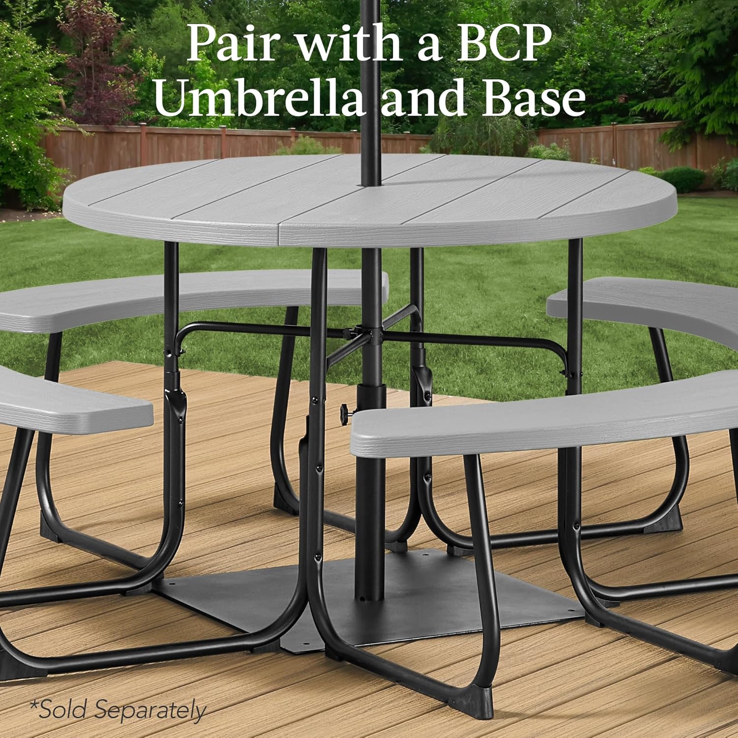 Arteva Living:  8-Person Outdoor Bench Patio Picnic Table, Circular w/ 4 Built-in Benches and Umbrella Hole, 2000lb Capacity - Green