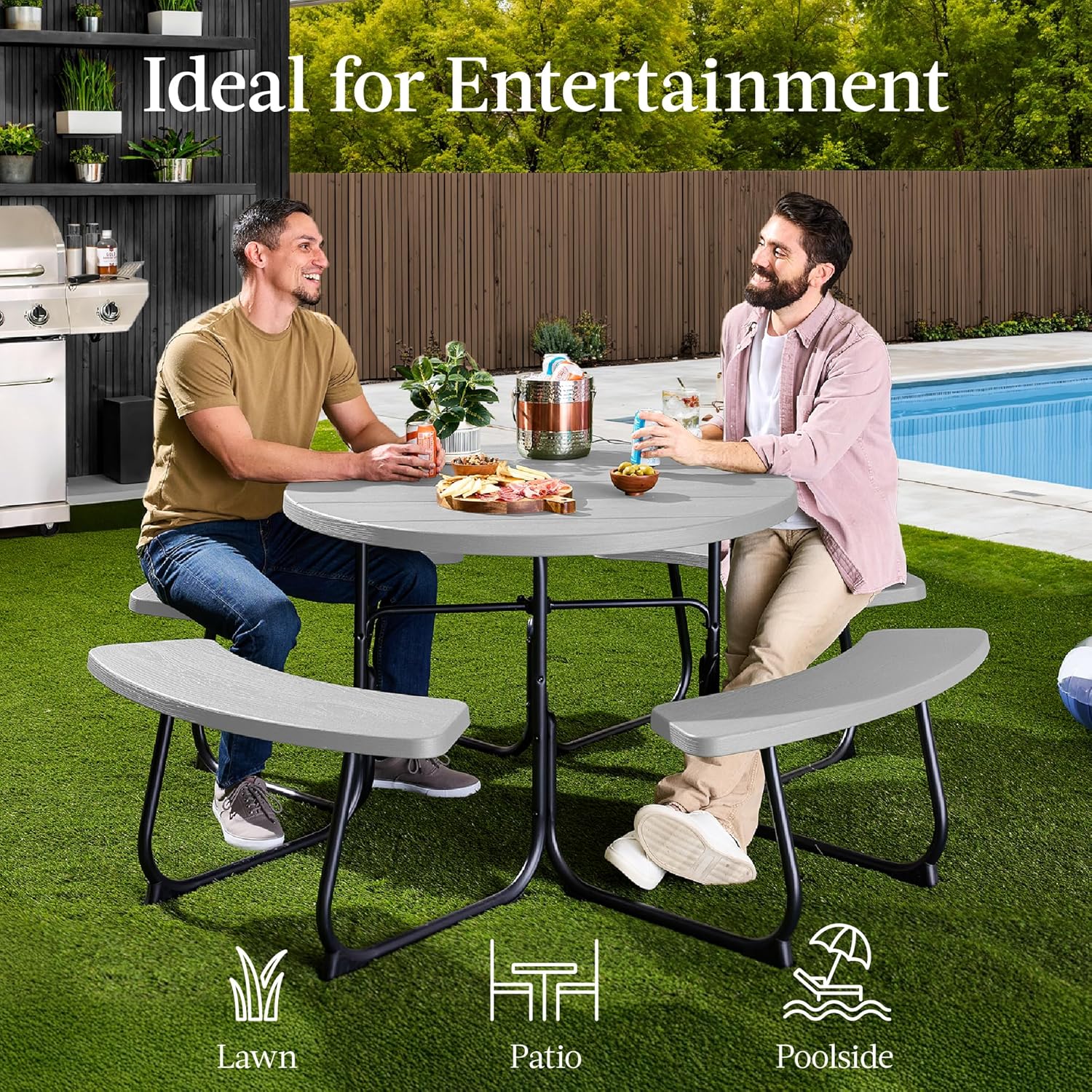 Arteva Living:  8-Person Outdoor Bench Patio Picnic Table, Circular w/ 4 Built-in Benches and Umbrella Hole, 2000lb Capacity - Green