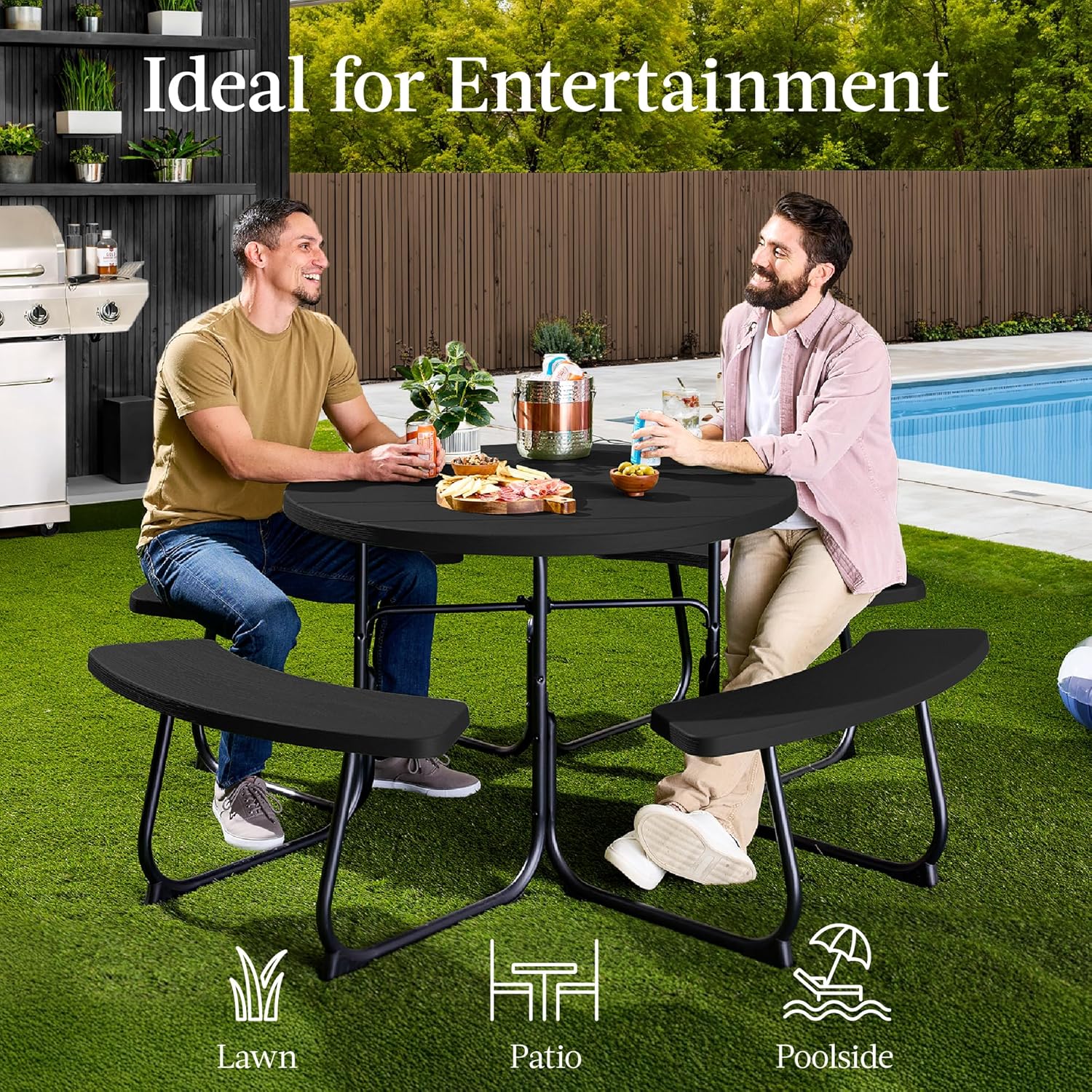 Arteva Living:  8-Person Outdoor Bench Patio Picnic Table, Circular w/ 4 Built-in Benches and Umbrella Hole, 2000lb Capacity - Green