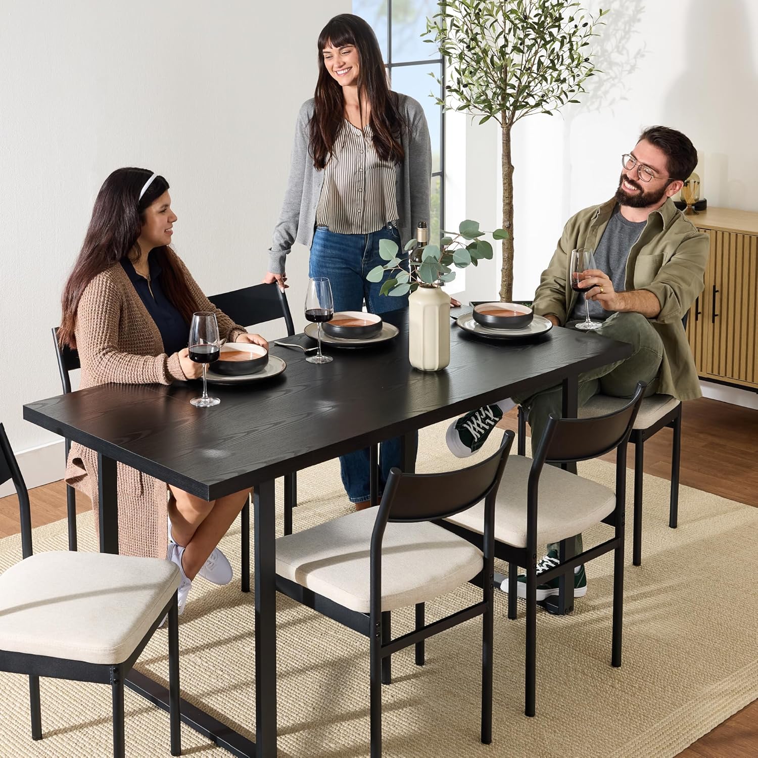 Arteva Living:  7-Piece Modern Dining Room Set, Kitchen Table Set, Dining Table w/ 6 Chairs, Upholstered Cushions, Solid Metal Frame, Curved Backrest - Black/Ivory