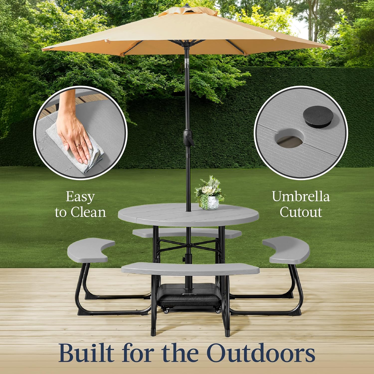 Arteva Living:  8-Person Outdoor Bench Patio Picnic Table, Circular w/ 4 Built-in Benches and Umbrella Hole, 2000lb Capacity - Green
