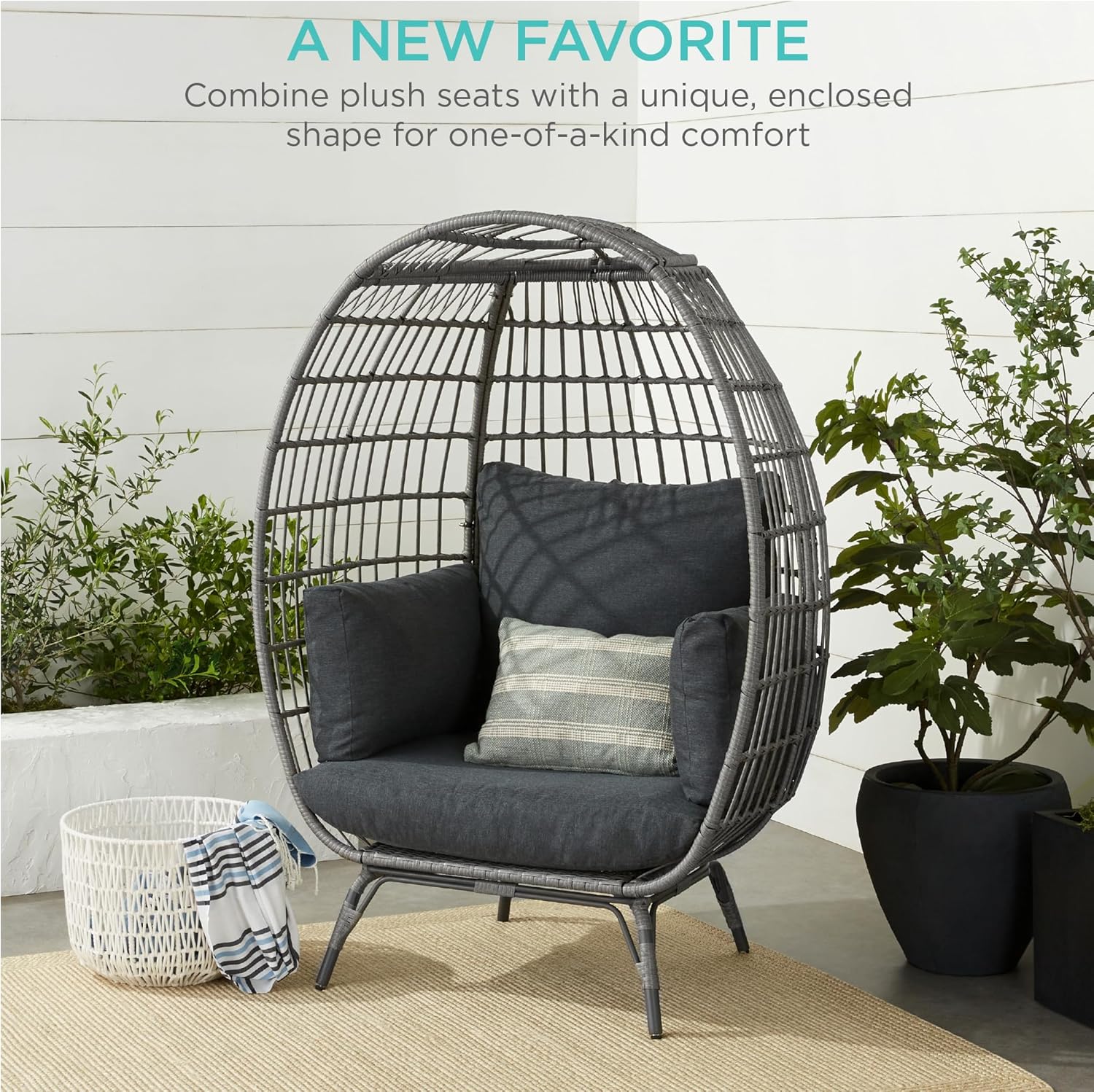 Arteva Living:  Wicker Egg Chair, Oversized Indoor Outdoor Lounger for Patio, Backyard, Living Room w/ 4 Cushions, Steel Frame, 440lb Capacity - Sage