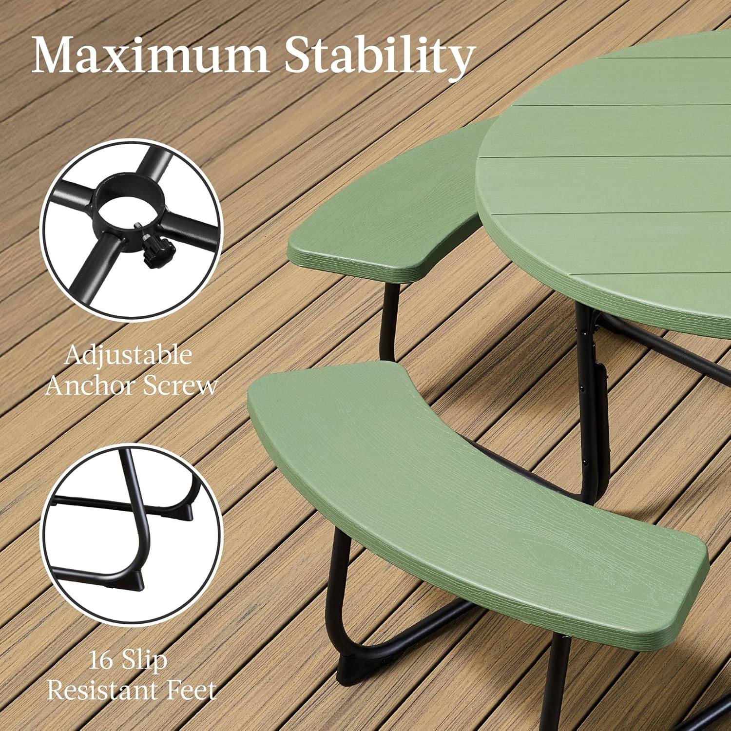 Arteva Living:  8-Person Outdoor Bench Patio Picnic Table, Circular w/ 4 Built-in Benches and Umbrella Hole, 2000lb Capacity - Green