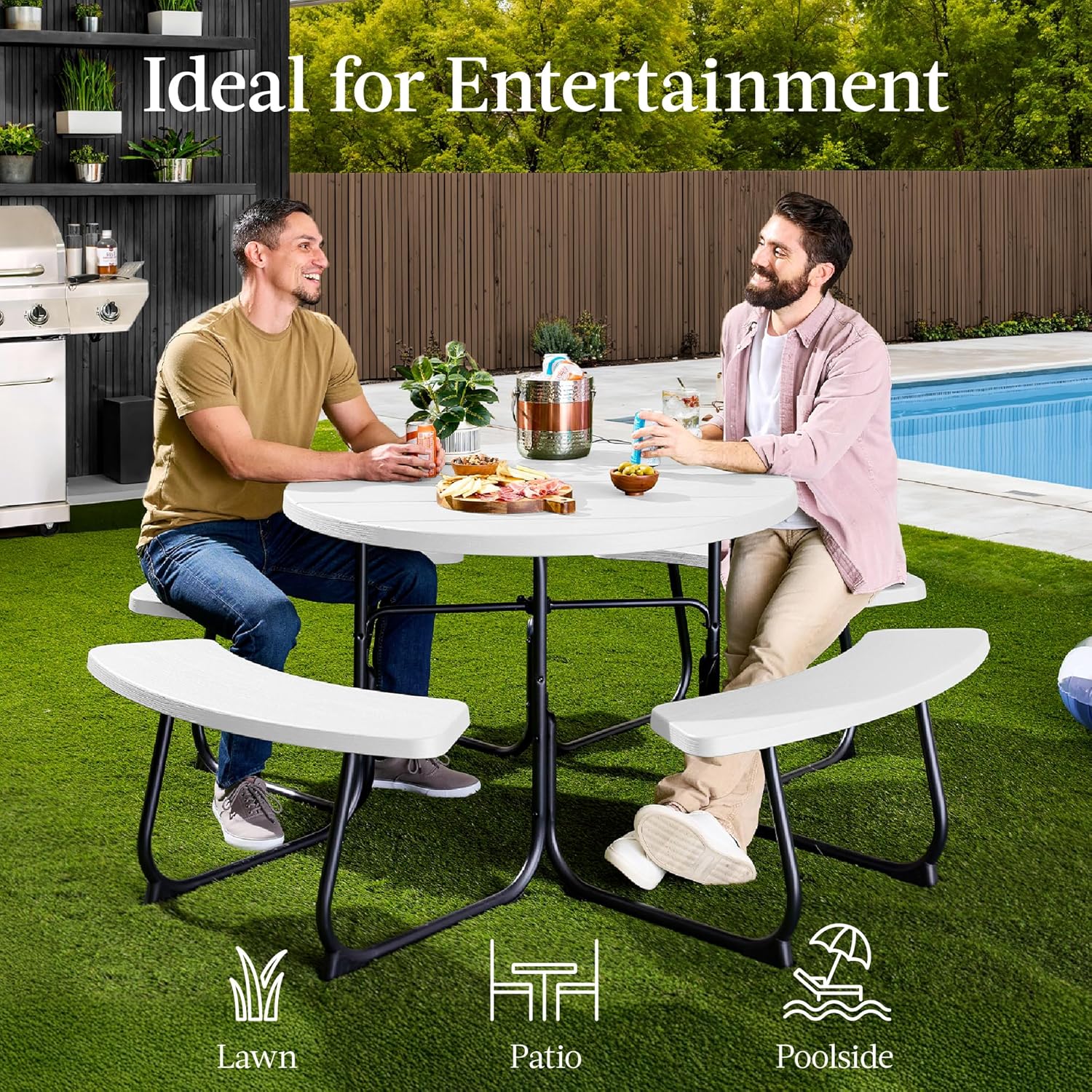 Arteva Living:  8-Person Outdoor Bench Patio Picnic Table, Circular w/ 4 Built-in Benches and Umbrella Hole, 2000lb Capacity - Green
