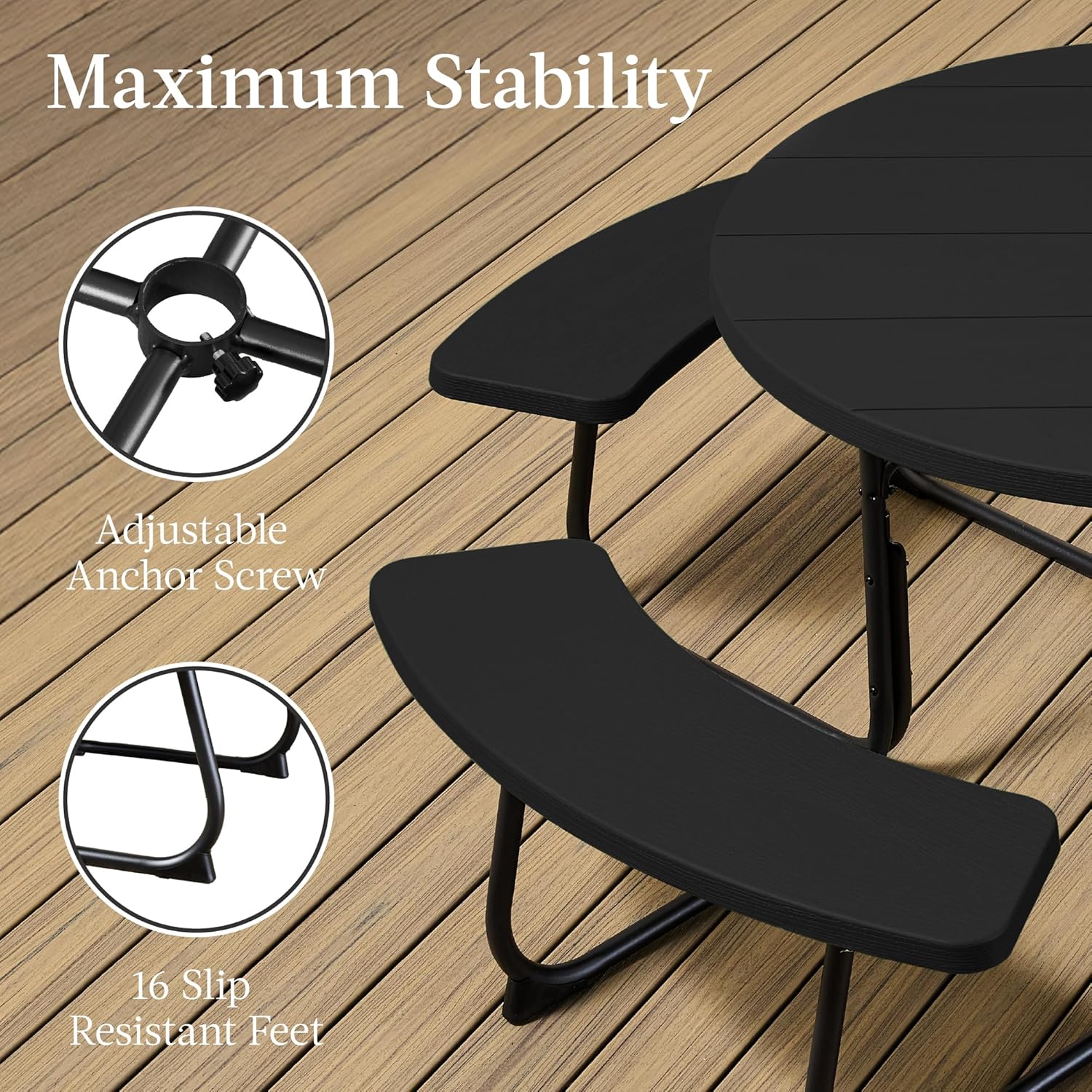 Arteva Living:  8-Person Outdoor Bench Patio Picnic Table, Circular w/ 4 Built-in Benches and Umbrella Hole, 2000lb Capacity - Green