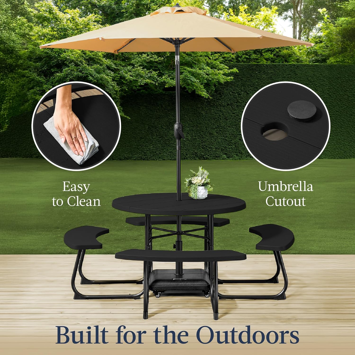 Arteva Living:  8-Person Outdoor Bench Patio Picnic Table, Circular w/ 4 Built-in Benches and Umbrella Hole, 2000lb Capacity - Green